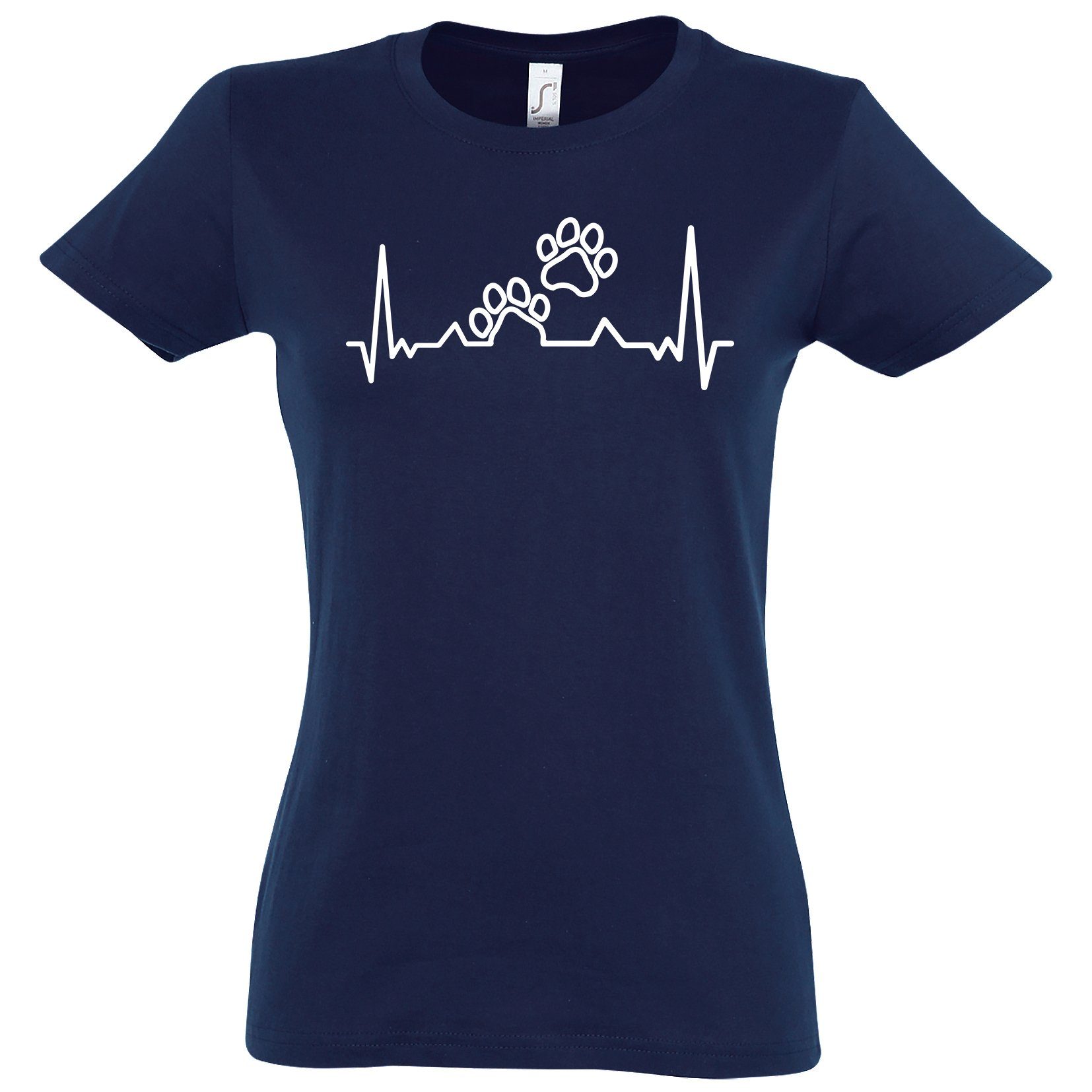 Navyblau Designz T-Shirt Shirt trendigem Damen Frontprint Hundepfoten Heartbeat Youth mit