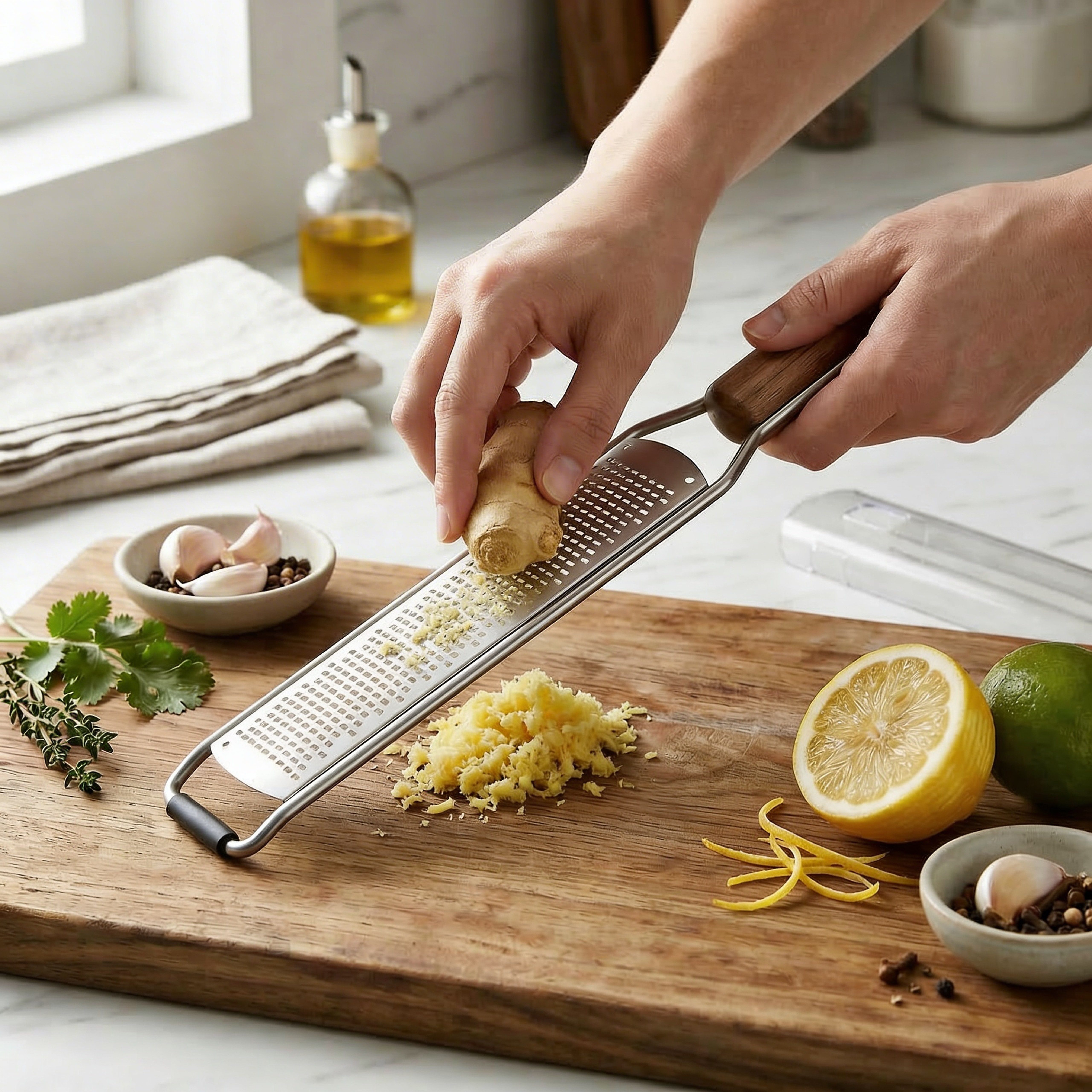 Arendo Multireibe Holzgriff Feinreibe für Zitronen, Parmesan, Muskat, Ingwer, Schokolade, Edelstahl, (2-St., mit Schutzabdeckung), Scharfe Edelstahlklinge, Schutzabdeckung, Antirutschfuß, Aufhängeloch