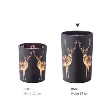 EDZARD Windlicht Tiu, Höhe 18 cm, Ø 12 cm, Kerzenglas mit Hirsch-Motiv in Gold-Optik, Teelichtglas im zeitlosen Design