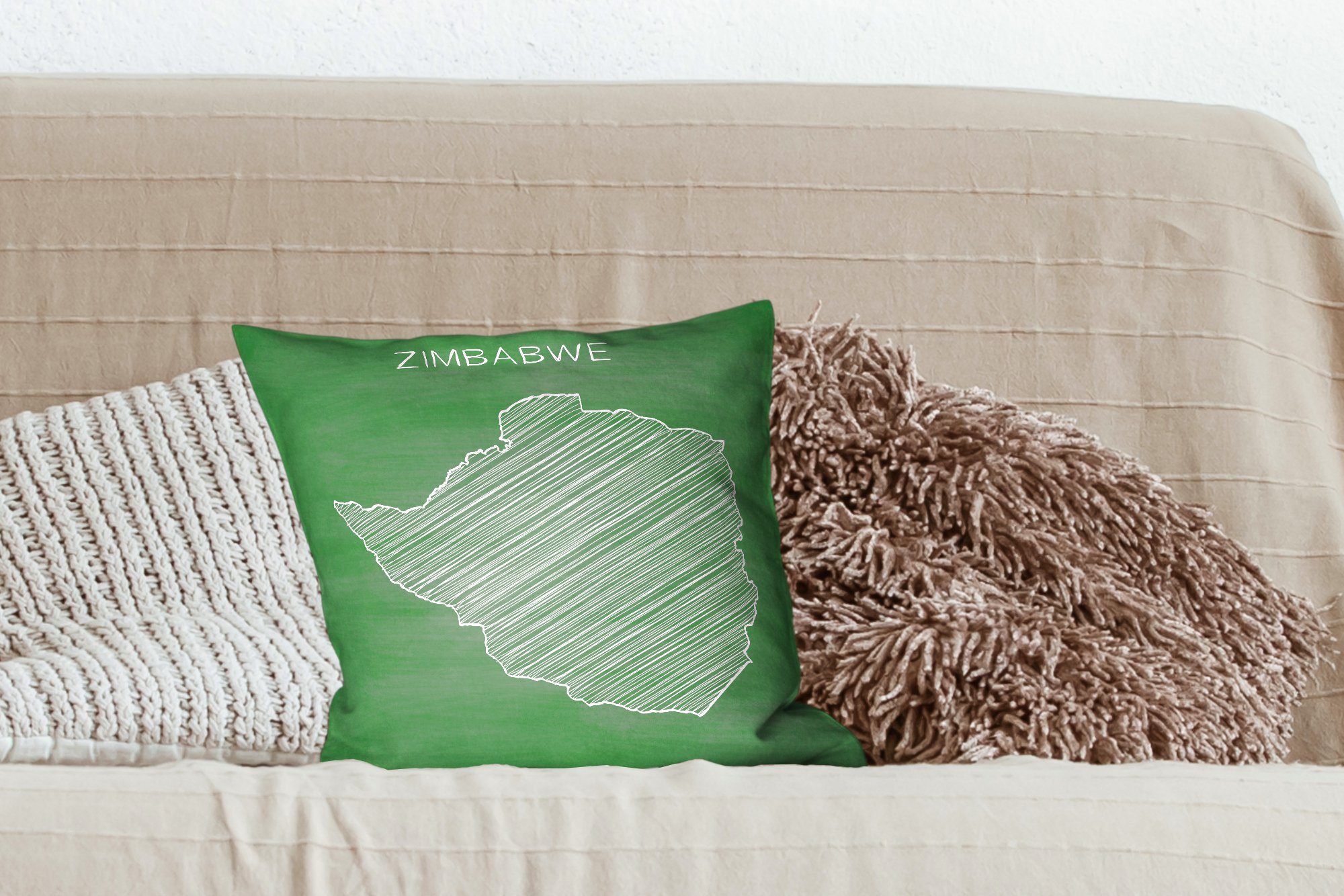 Wohzimmer, MuchoWow grünen für Deko, Kreidetafel, Simbabwe auf Zierkissen Eine Illustration Dekokissen Schlafzimmer, von Füllung Sofakissen mit einer