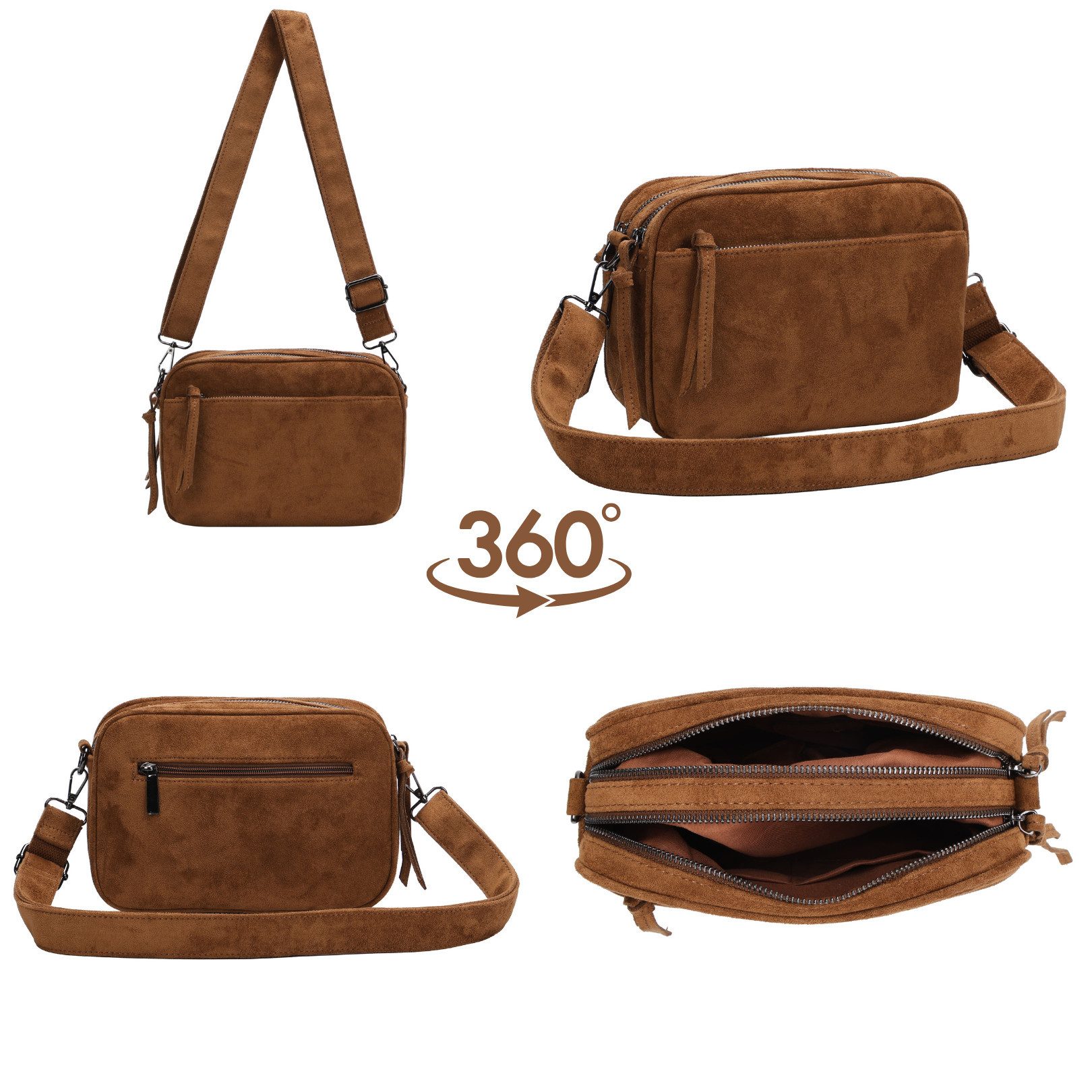 MIRROSI Umhängetasche Damen Schultertasche Wildleder-Optik Polyester Crossbody Bag (mit 2 Hauptfächern & verstellbarem Schulterriemen, ca. 25 x 9 x 18 cm), Neue – Bild 3 von 3