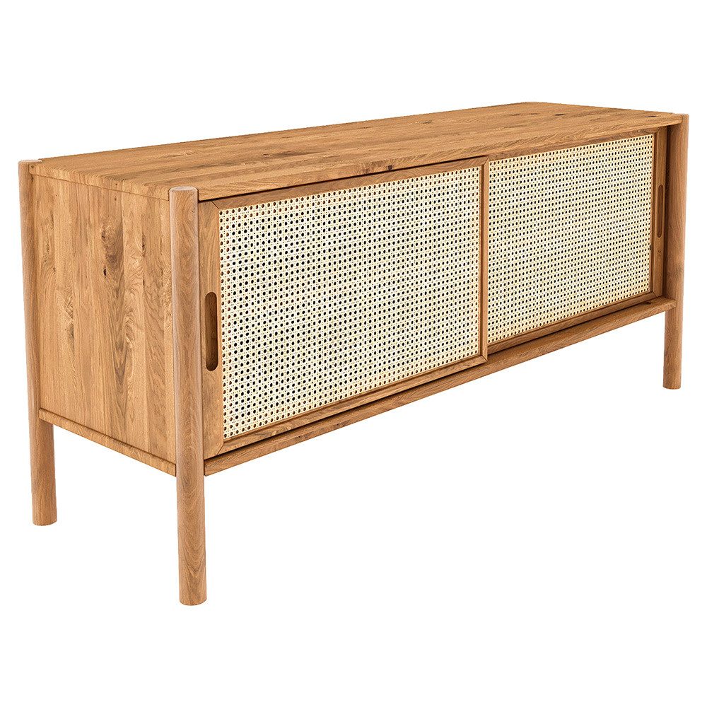 Lomadox Lowboard PORI-165, 142cm breit, Eiche massiv geölt, montierte Lieferung, Rattangeflecht