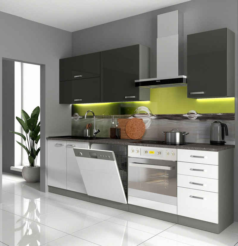 Küchen-Preisbombe Küchenzeile Bianca Basic V 240 cm Weiß + Grau Küchenblock Einbauküche Küche