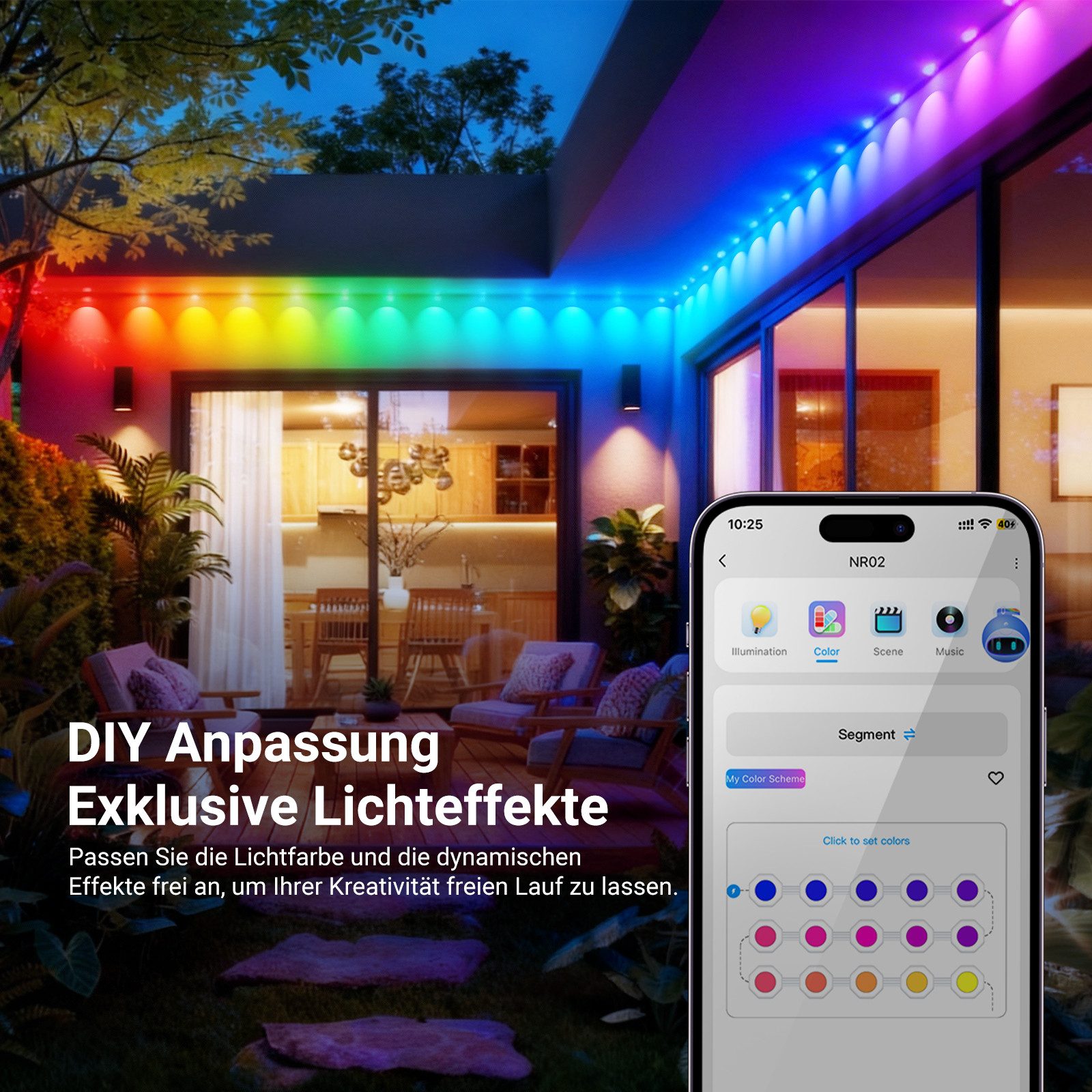 Neewer LED-Lichterkette NR02 15m/30m/45m/60m RGBCW Außenbeleuchtung für die Hausdekoration, intelligente AI App Steuerung, IP65 wasserdicht, mit Alexa – Bild 4 von 5