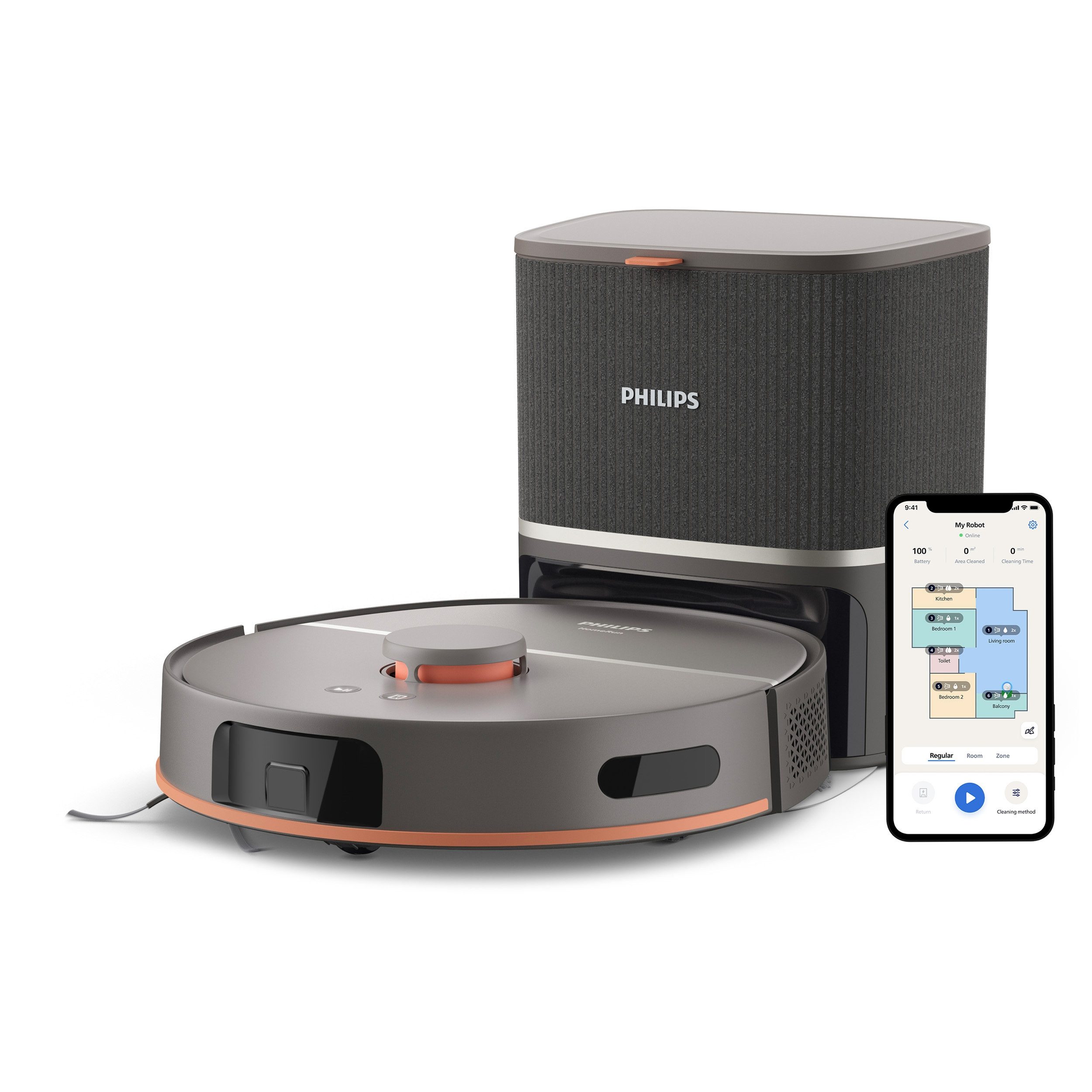 Philips Saugroboter mit Wischfunktion XU5100/10 mit 10.000pa Saugkraft, 67,16 W, mit Beutel, LDS-Radarnavigationssystem, HomeRun App, inkl. Entleerungsstation