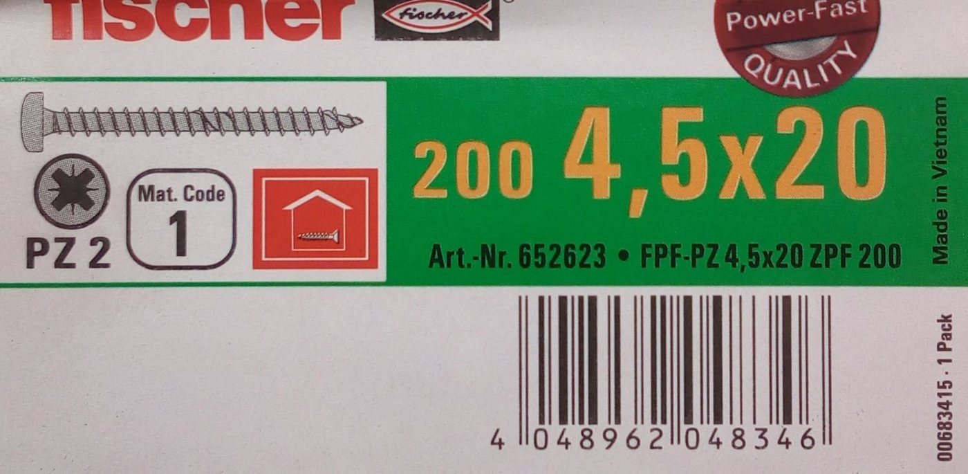Thumbnail - Fischer Befestigungstechnik Schraube 200x fischer Spanplattenschrauben 4,5 x 20 PZ2 Kreuzschlitz verzinkt V, (200 St)