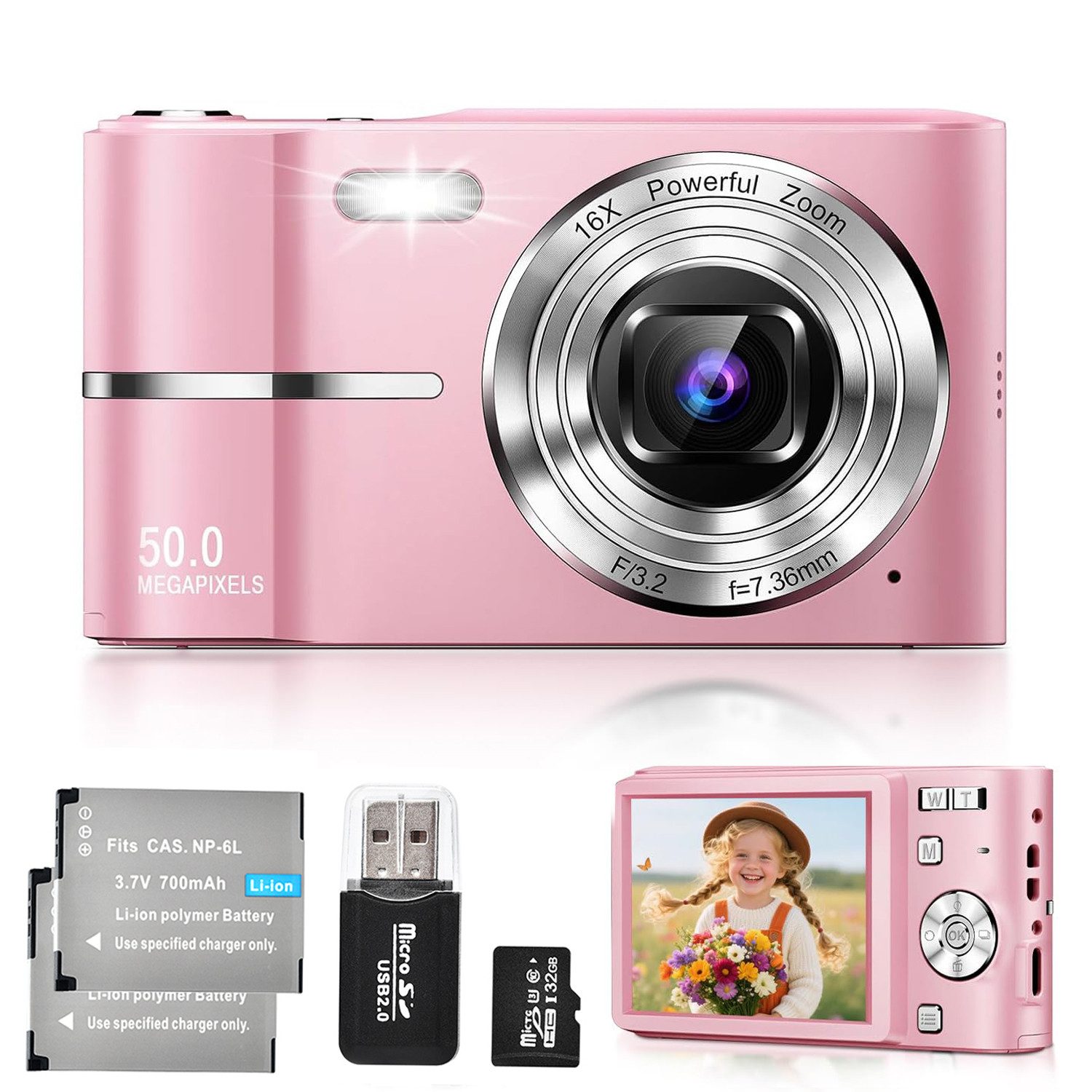 AIBISTAR Digitalkamera 1080P 50MP für Kinder mit 16X Zoom 32G Kompaktkamera (50 MP, inkl. zwei Akkus, ein Cardreader, 32 GB, Gesichtserkennung,Serienbildmodus,Anti-Shake Funktion,Selbstauslöser)
