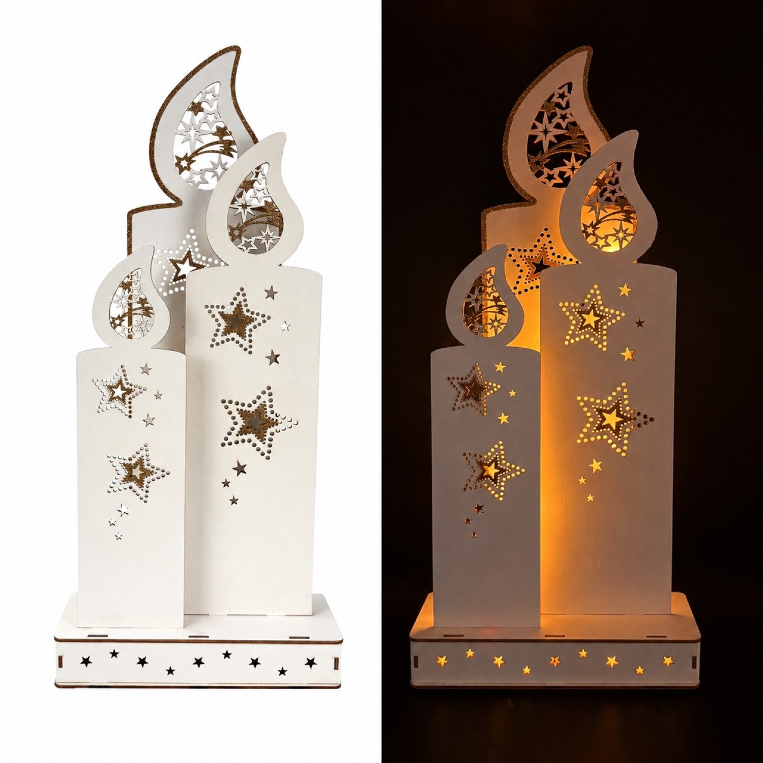 Online-Fuchs LED-Dekofigur 3 große Kerzen aus Holz mit Sternen und Timer- Weihnachtsdeko (mit goldenen Applikationen, 49 cm hoch), praktische 6-Stunden Timerfunktion