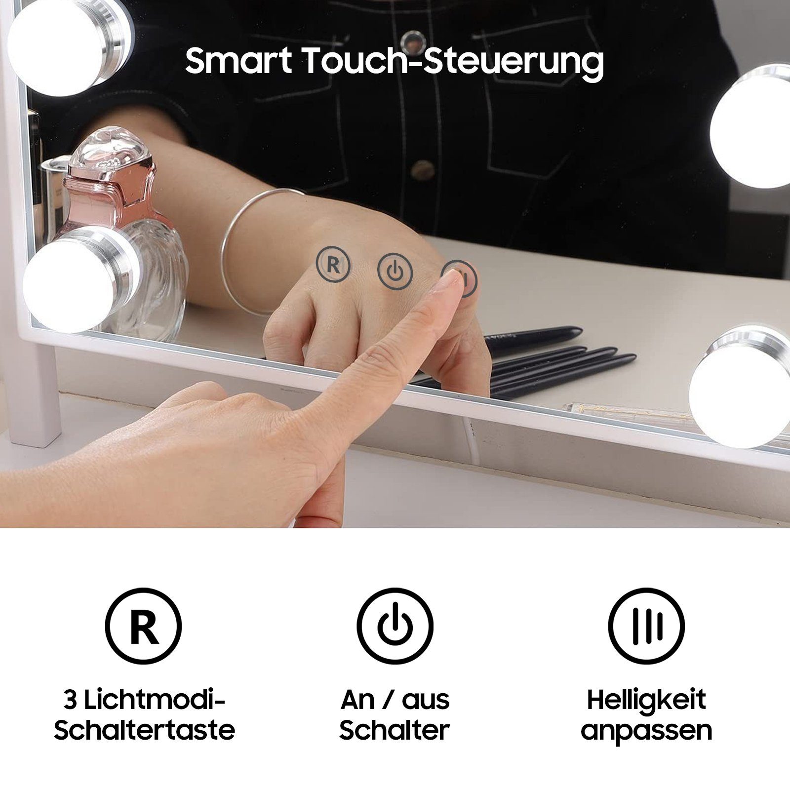 Farblichter, 360-Grad-Drehung LED-Lampen Smart Schminkspiegel mit Aoucheni mit Touch, Weiß (Kosmetikspiegel EU-Stecker), 12 3 Kosmetikspiegel