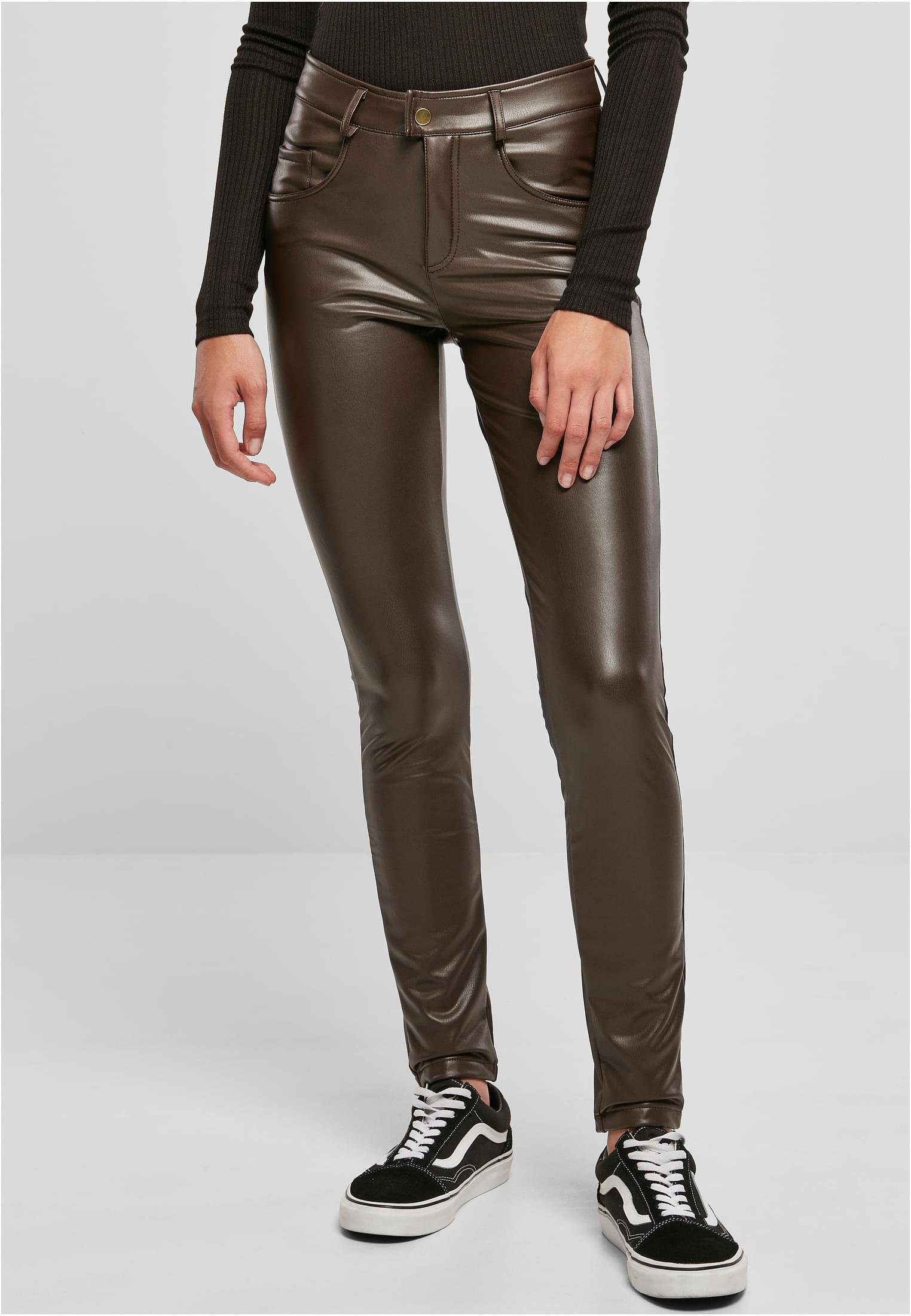 URBAN CLASSICS Funktionshose Ladies Mid Waist Synthetic Leather Pants DamenKunstlederhose
