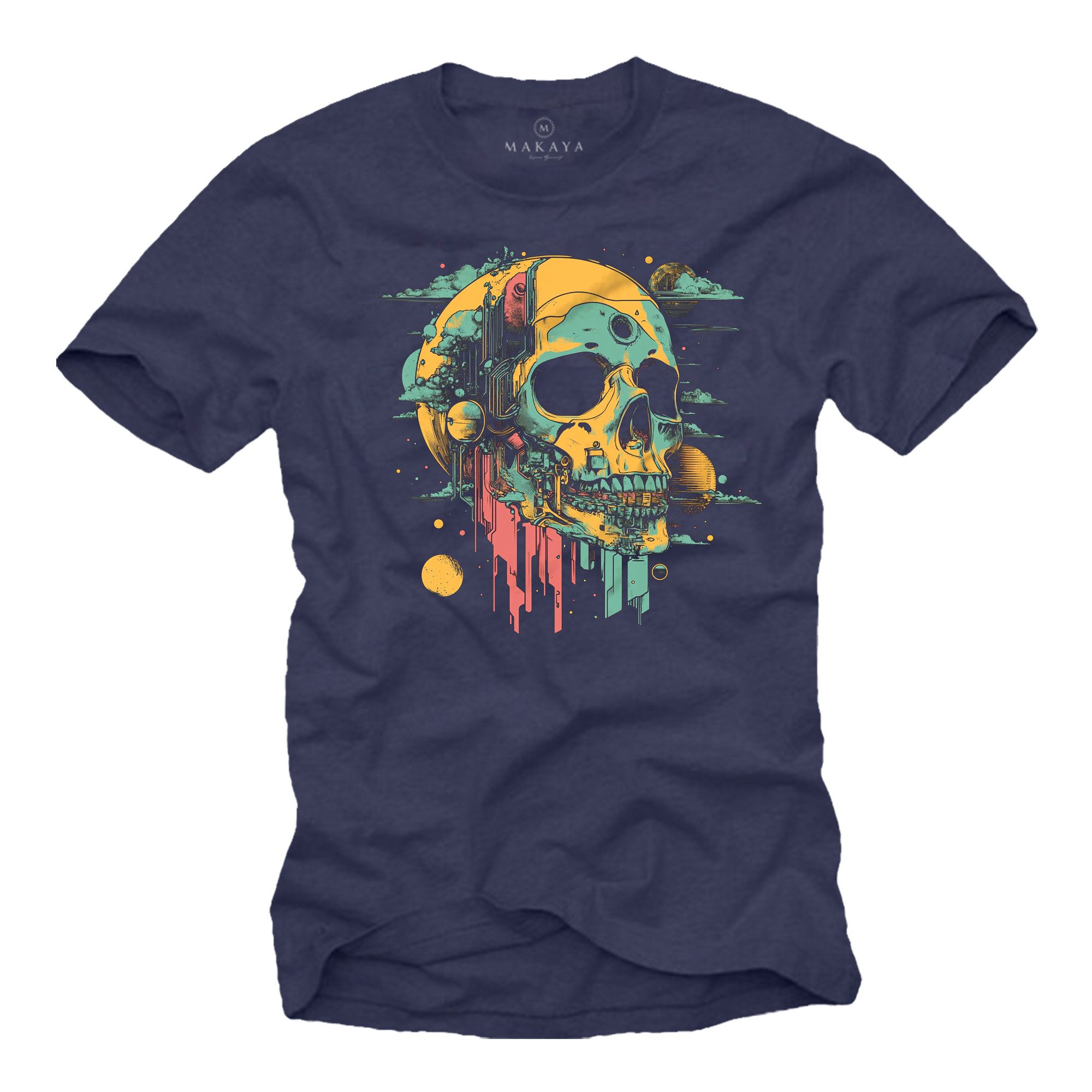 MAKAYA T-Shirt Herrenshirt mit Totenkopf Design - Tattoo Funshirt für Rockfans (Schwarz, Blau, Grün, Blaugrau, Grau, S, M, L, XL, XXL, 3XL, 4XL, 5XL) Baumwolle