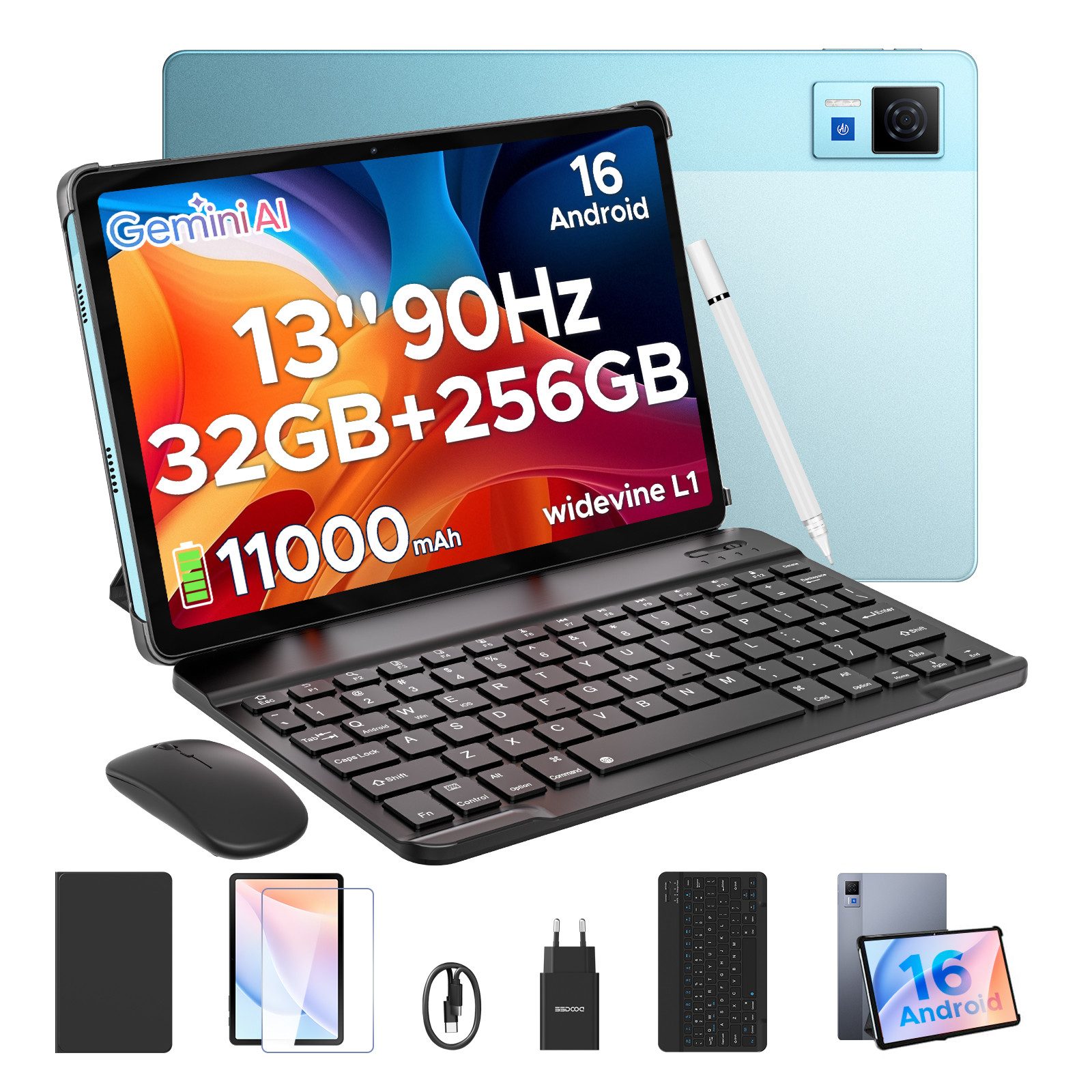 DOOGEE U13 Android 16 Tablet mit tastatur, 13 Zoll, 6+256GB, 11000mAh, gaming Tablet (13", Android 16, 90Hz, 13MP+8MP, 7,8mm dünn, WiFi5, GPS, Tastatur+Stift+Maus+Hülle Set)