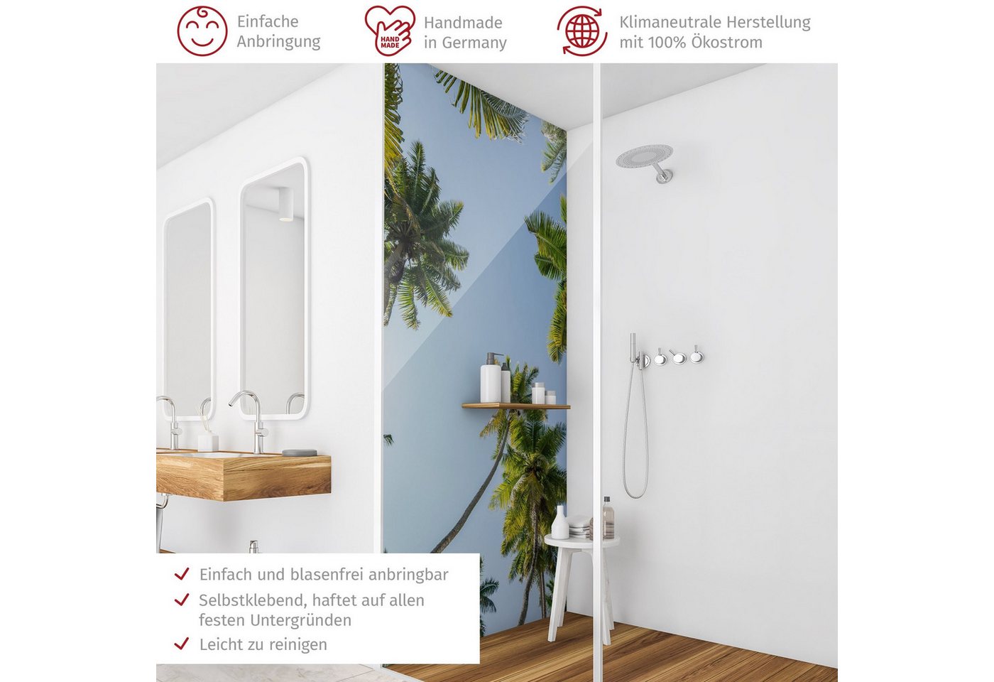 Thumbnail - Bilderdepot24 Badrückwand Palme grün Duschrückwand ohne Bohren Dusche Natur Himmel, (1-tlg., Hart-Folie Smart matt 0,35 ...