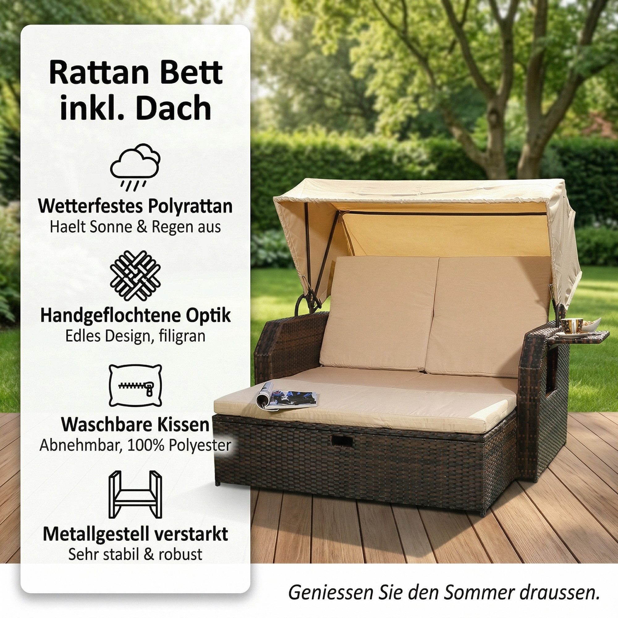 Mucola Strandkorb Strandkorb Sonnenliege Sonnenbett mit Dach aus Polyrattan Relaxliege, BxTxH: 145,00x143,00x130,00 cm, (Stück, 1-tlg), Sonnenschutzdach