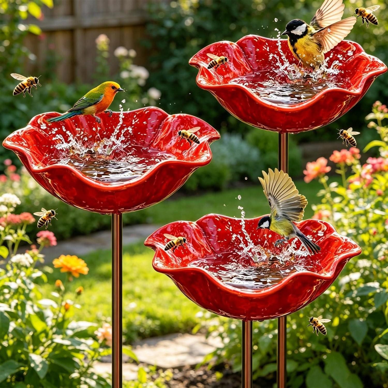 LuxusKollektion Vogeltränke Vogeltränke Blume Gartenstecker 3Stk Rot