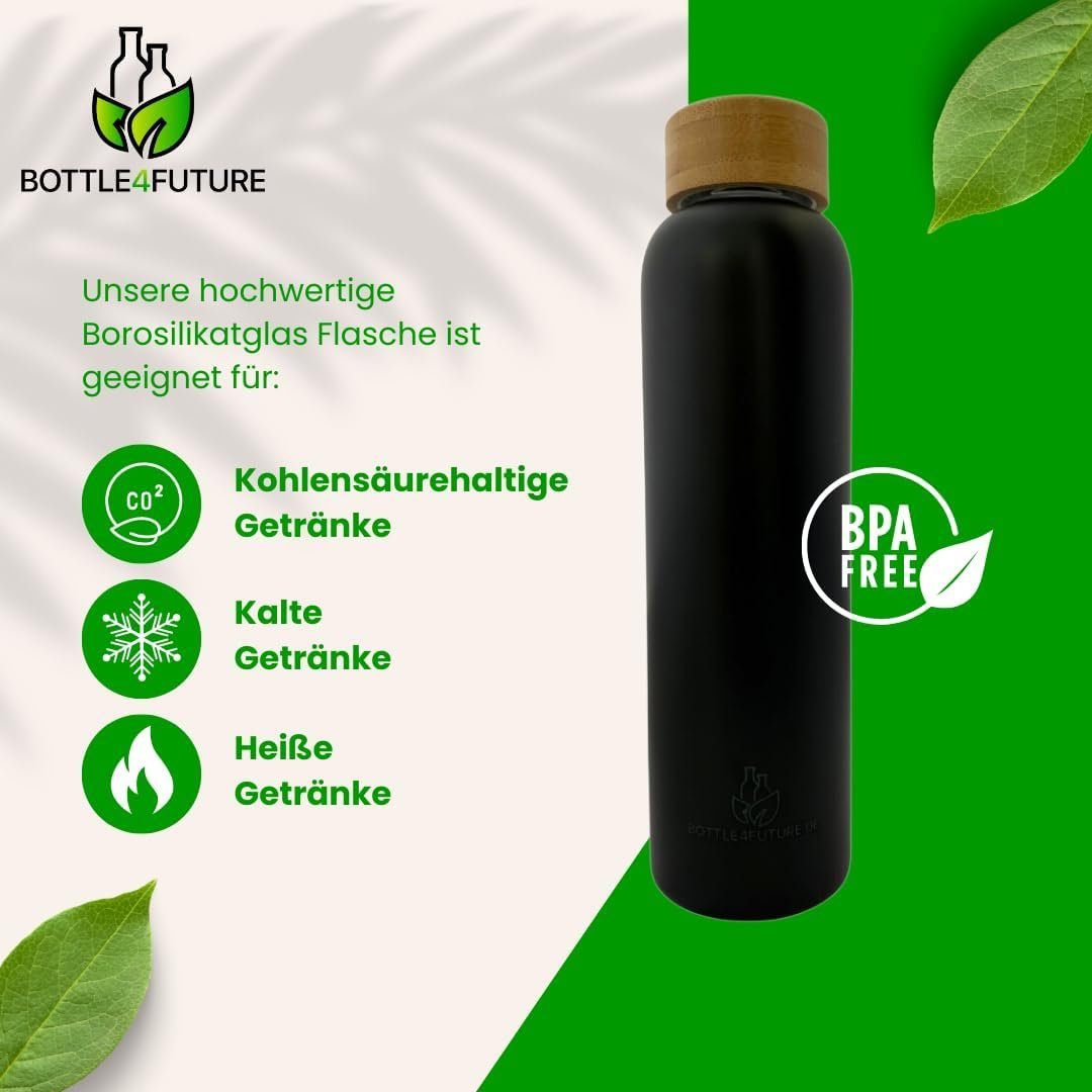 Trinkflasche Green Borosilikatglas Geeignet, Glas, 500ml Kohlensäure 500ml Bottle4Future Bruchsicher, Black Auslaufsicher,