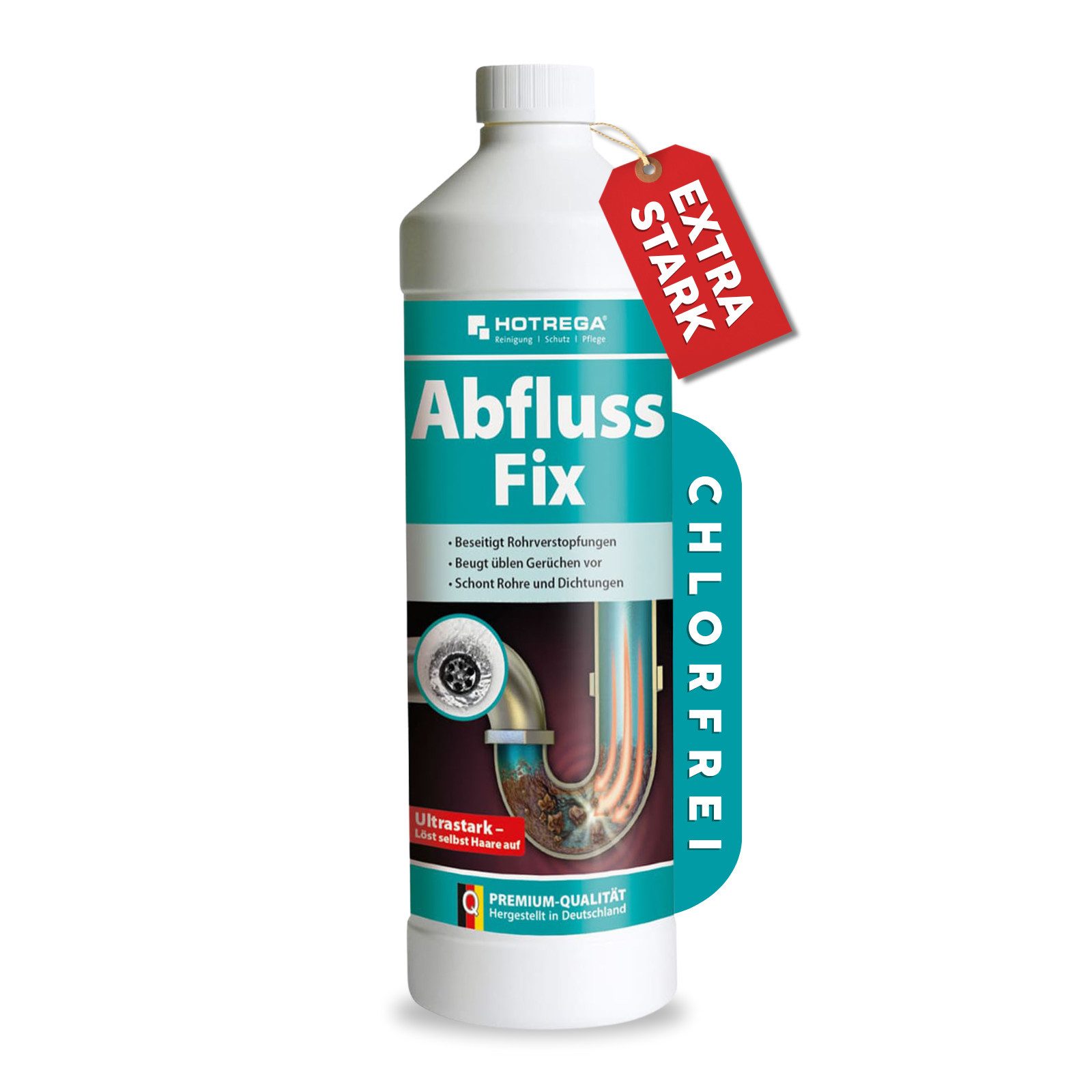 HOTREGA® Abfluss Fix Abflussreiniger Abflussfrei 1L Konzentrat Rohrreiniger (für Küche, Dusche, WC & Bad gegen Haare, Fett & Verstopfungen)