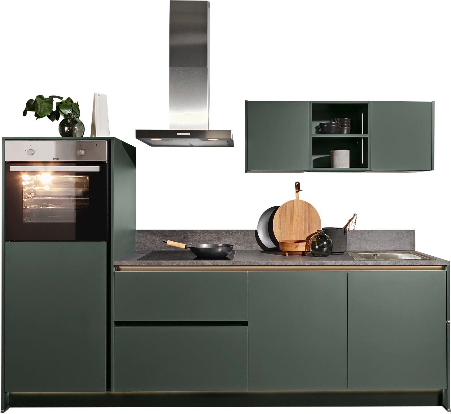 KOCHSTATION Küche KS-Sakura, vormontiert, mit Vollauszügen und höhenverstellbaren Füßen, vormontiert, wahlweise mit E-Geräten und Beleuchtung, Breite 268 cm. Reduzierter Preis € 4.649,99. Unverbindliche Preisempfehlung € 5.670,71