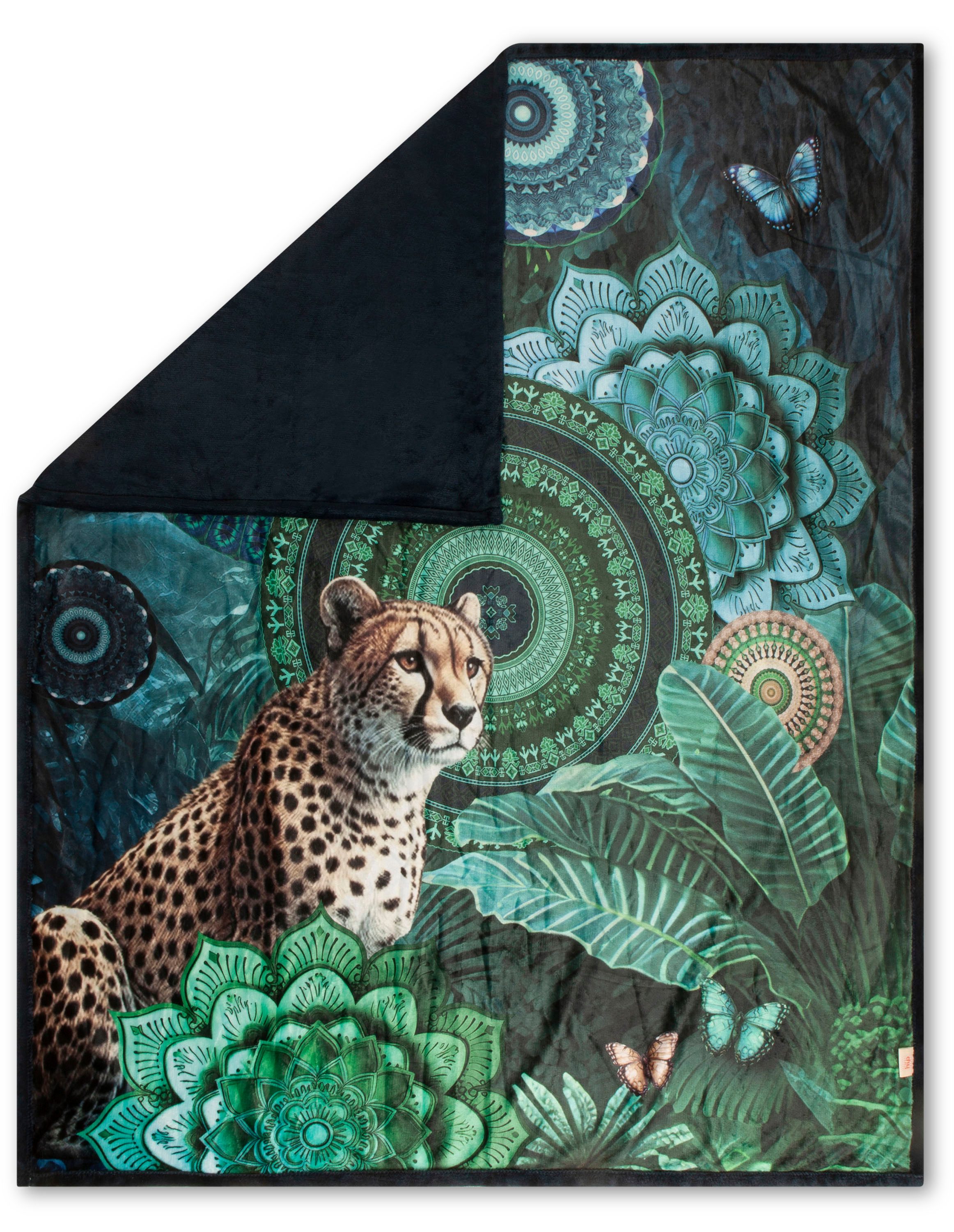 Plaid Nyah, hip, Weich, Kuscheldecke, 130x160 cm, Wendeoptik, Mandala, Leopard, Blau