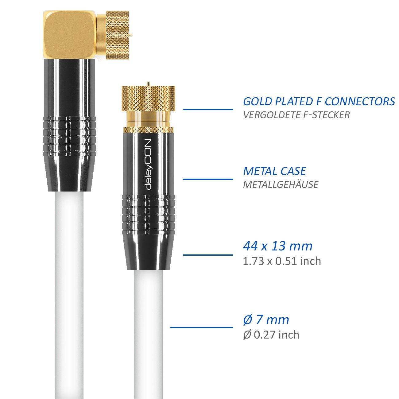 SAT-Kabel 1x Weiß 2x HDTV 7,5m - Antennenkabel deleyCON 90° SAT gewinkelt - deleyCON