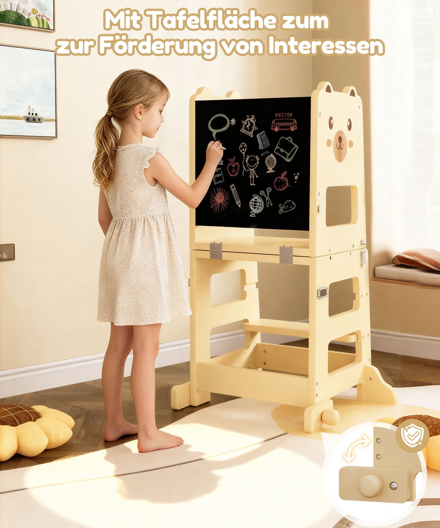 Yorbay Stehhilfe Lernturm (seitlichem Umkippschutz, 2 höhenverstellbaren Stufen), verstellbar zum Kindertisch inkl. Tafel – Bild 4 von 5