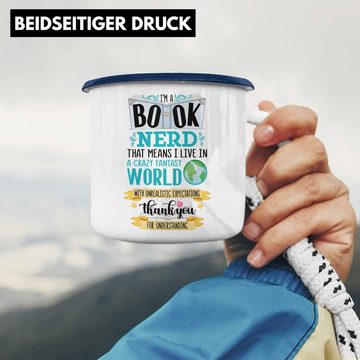 Trendation Thermotasse Trendation - Lesen KaffeeEmaille Tasse Leseratte Geschenkidee Buch Leser Emaille Tasse mit Spruch Bücherwurm