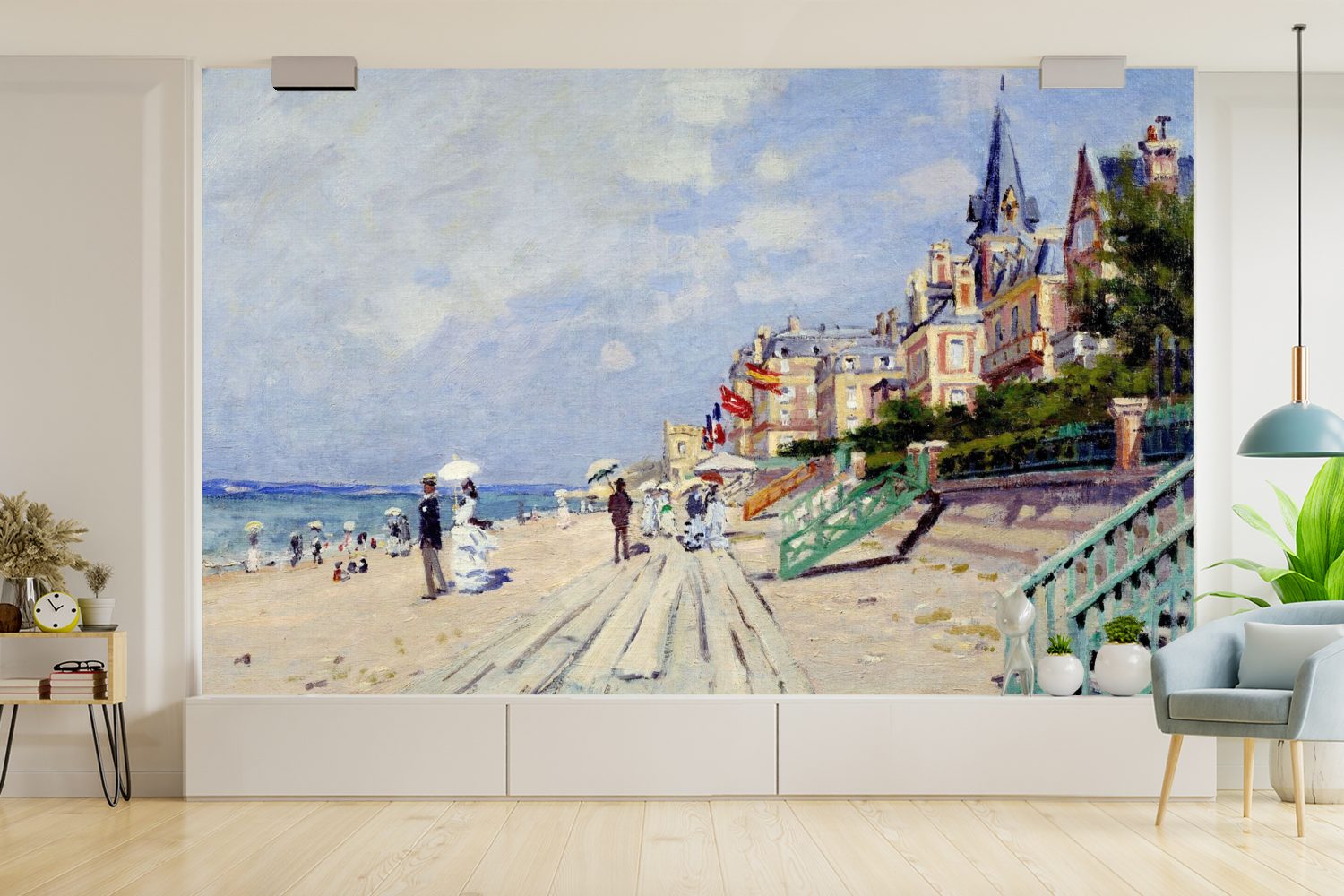 Die von Gemälde von bedruckt, Küche, Trouville Monet, St), MuchoWow für Wohnzimmer Fototapete Claude Matt, Strandpromenade - (5 Vliestapete Fototapete Schlafzimmer