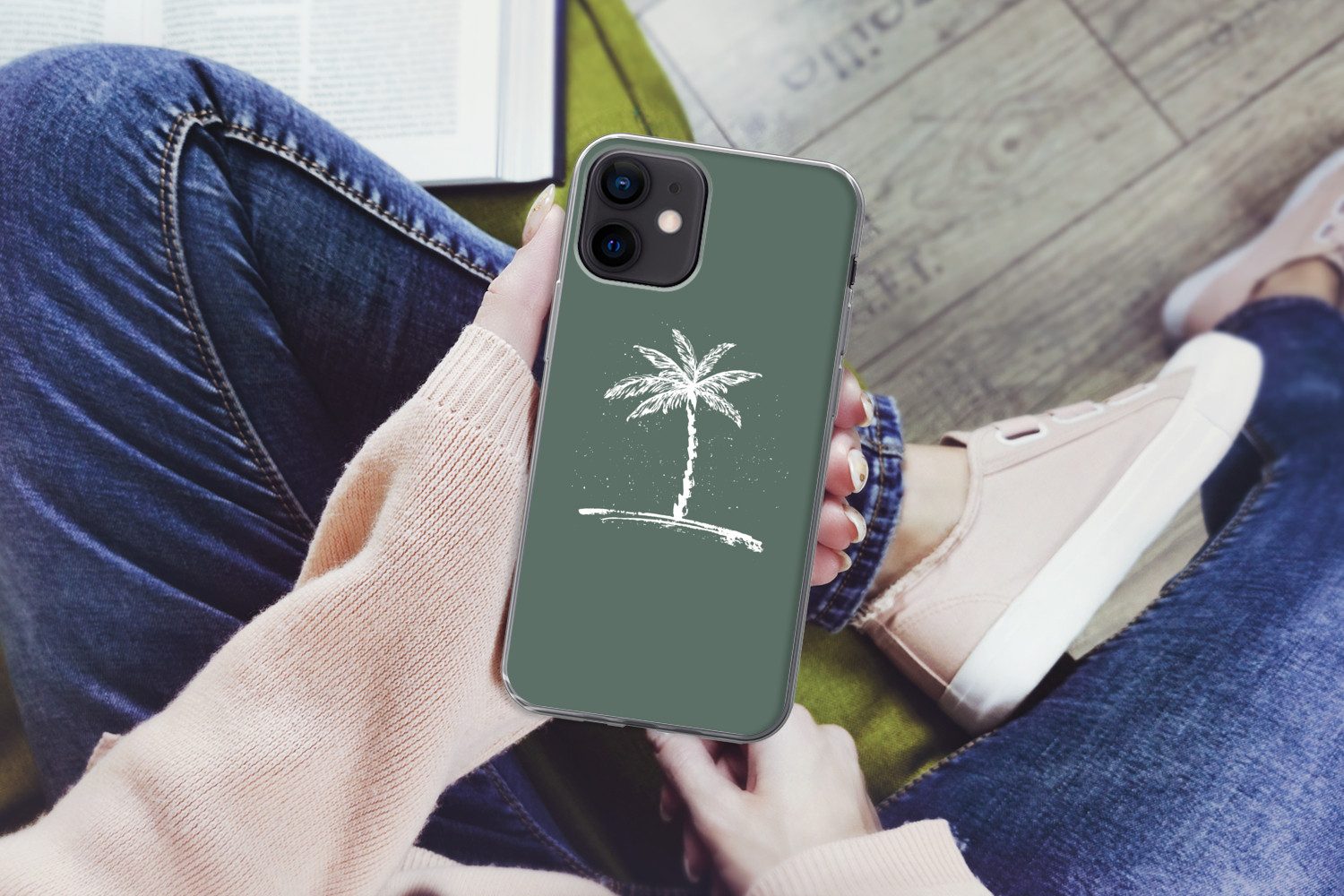 MuchoWow Handyhülle für Apple iPhone 12 mini Palme - Weiß - Grün - Tropisch, Smartphone-Bumper, Print, Handy Schutzhülle Dünn