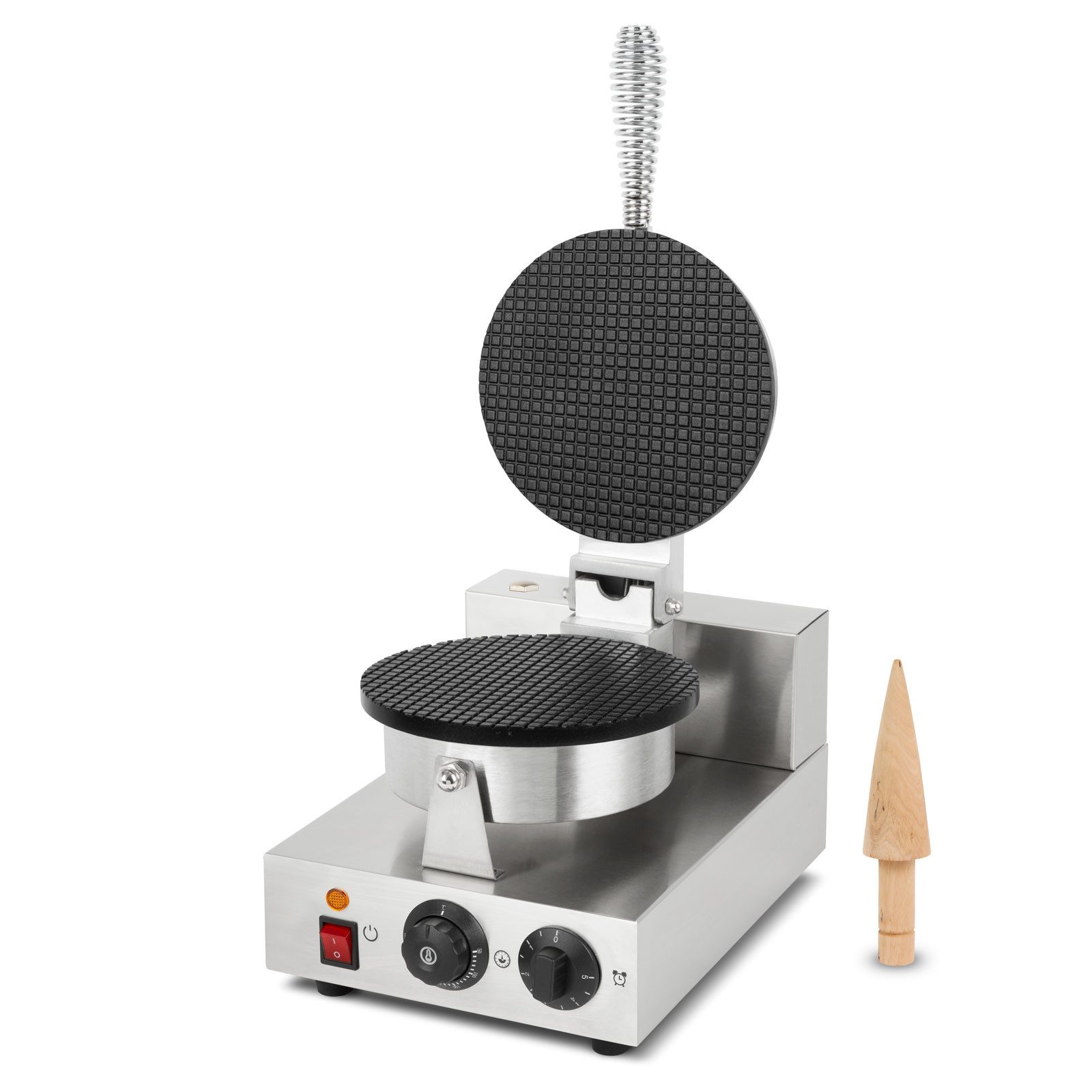vertes Waffeleisen Hörncheneisen für Eiswaffeln 24 Stück pro Std Kegel regelbar 0-300°C, 1000 W, teflonbeschichtet Gusseisen Hörnchenautomat Edelstahlgehäuse