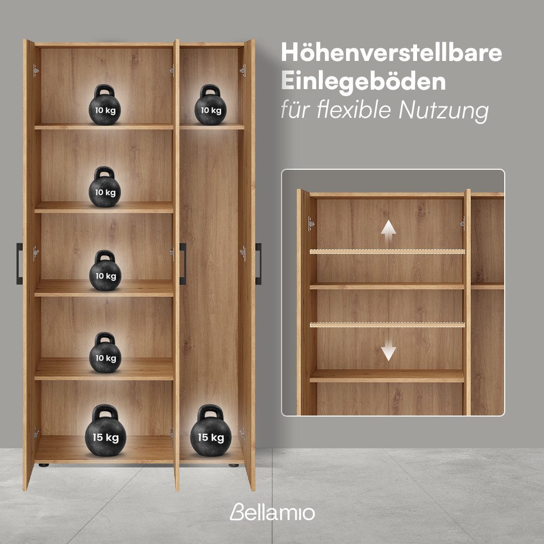 Bellamio Mehrzweckschrank Apol, Hochschrank aus Holz, Aufbewahrungsschrank (Eichenoptik) Akten- und Besenschrank mit 7 Fächern, inkl. Staubsaugerfach – Bild 4 von 5