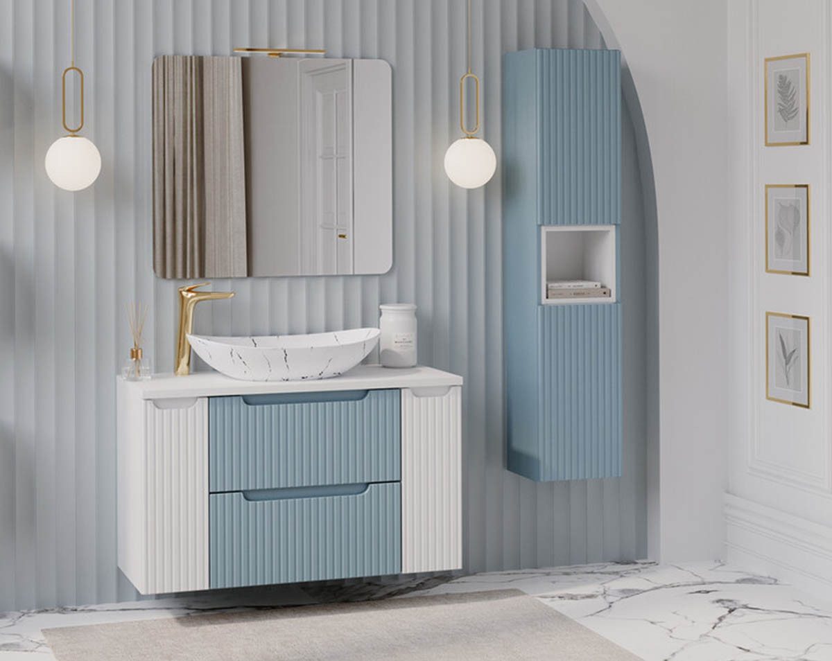 einfachgutemoebel Waschtisch-Set ILUNA Blue Badset 3-teilig 100cm weiße Oberplatte 2 Schubladen 2 Türen, (Badmöbel Set, 1-St., Waschtisch Unterschrank)