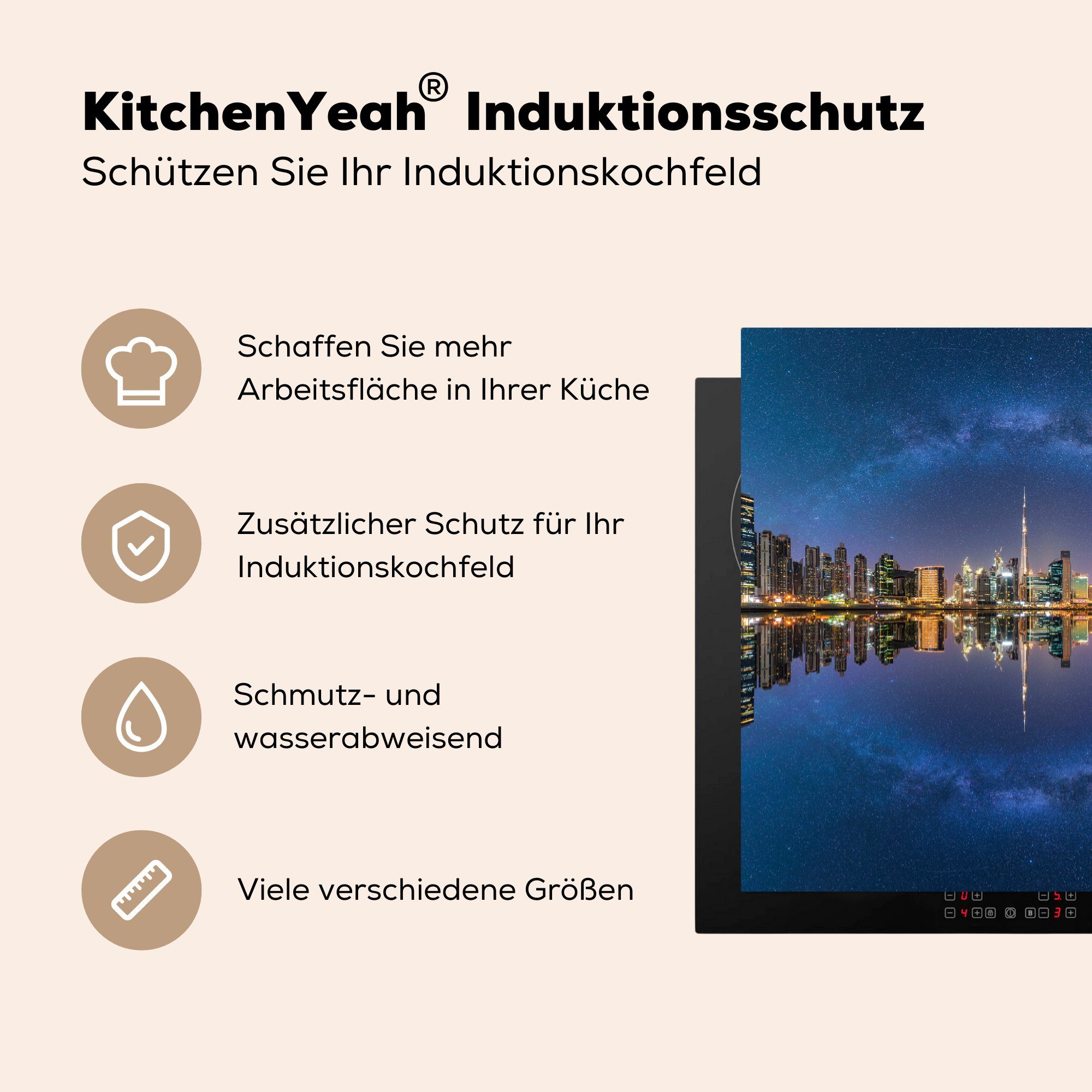 cm, der spiegelnden Vinyl, tlg), mit MuchoWow küche Herdblende-/Abdeckplatte (1 von im und, Dubai Arbeitsplatte 78x78 Milchstraße für sich Wasser Ceranfeldabdeckung, Skyline