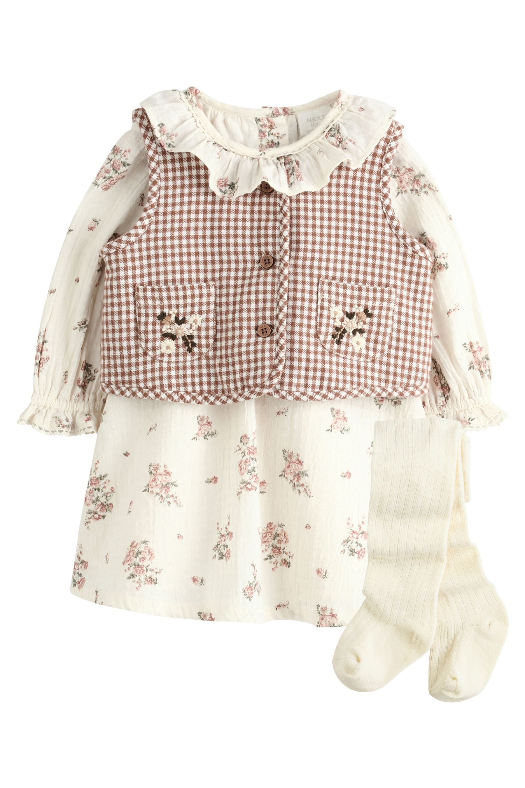 Next Blusenkleid Baby Kleid, Weste und Strumpfhose im 3er-Set (3-tlg)