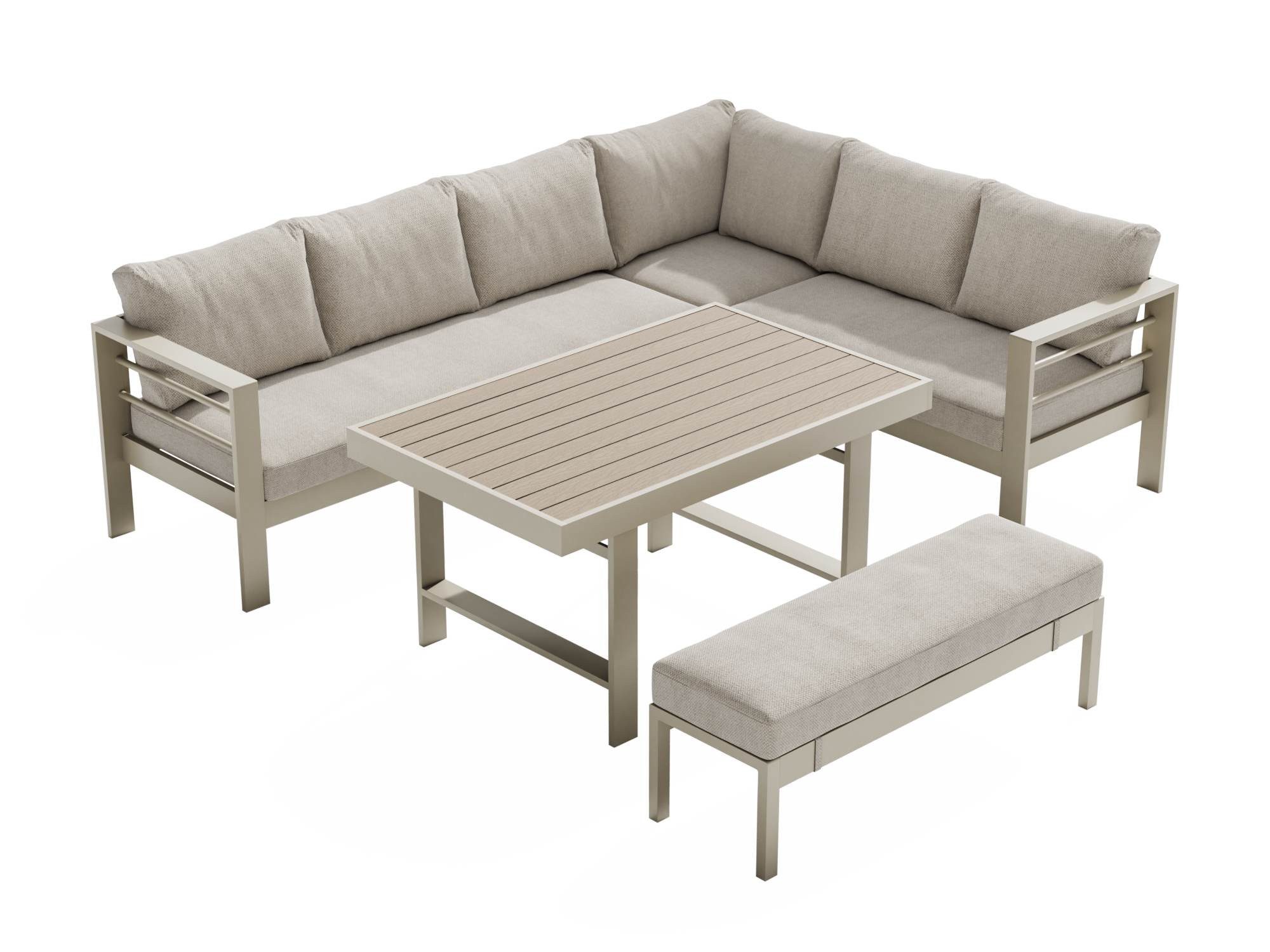 MeXo Gartenlounge-Set XXL Gartenmöbel Set Aluminium für 6-8 Personen, (Dining Loungeset Outdoor, 5-tlg., mit 12 cm dicken Sitzkissen, pflegeleichte Polywood-Tischplatte), wetterfeste Ecklounge mit Esstisch