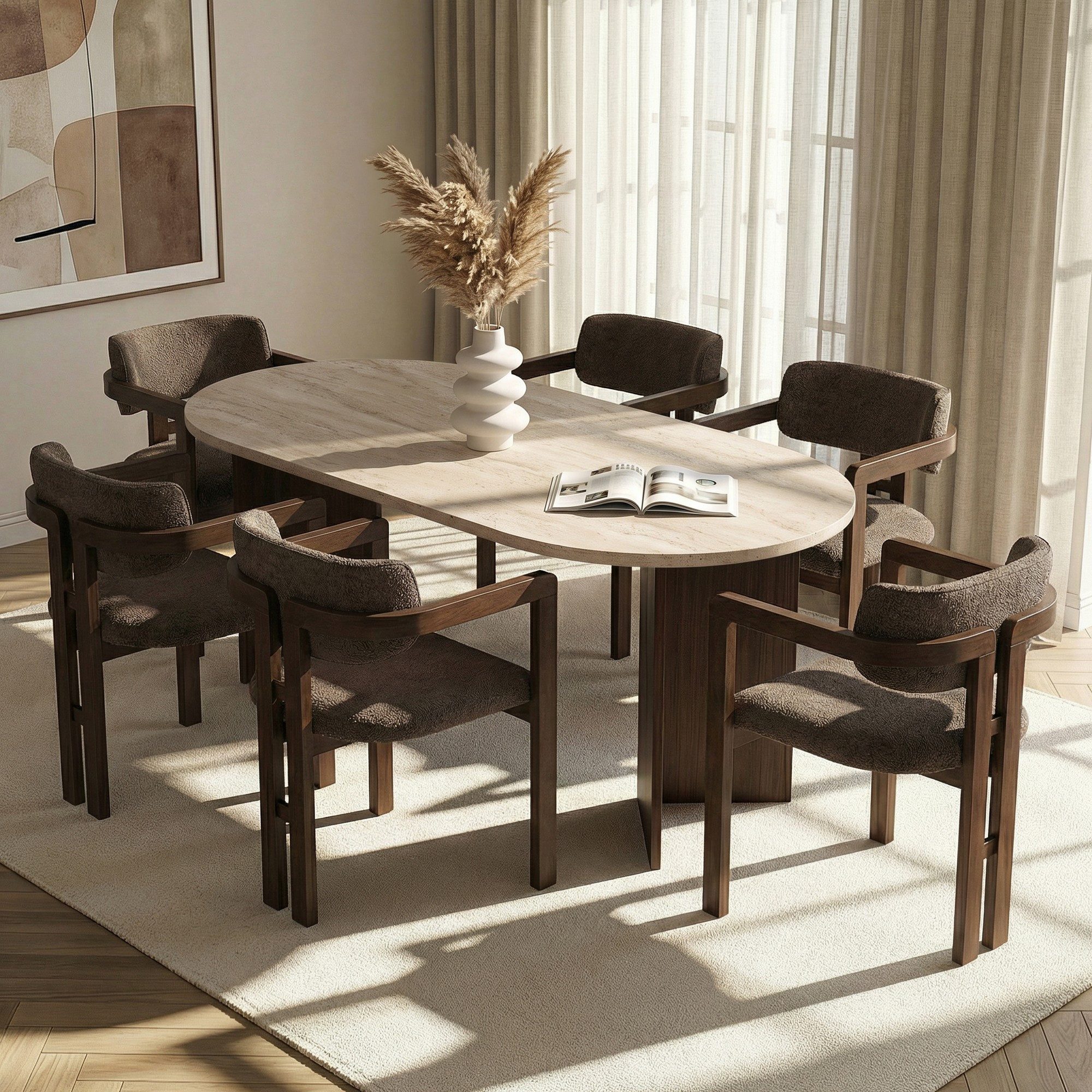Skye Decor Essgruppe Japandi, (7-tlg., 7-teiliges Set: 1 Tisch und 6 Stühle)