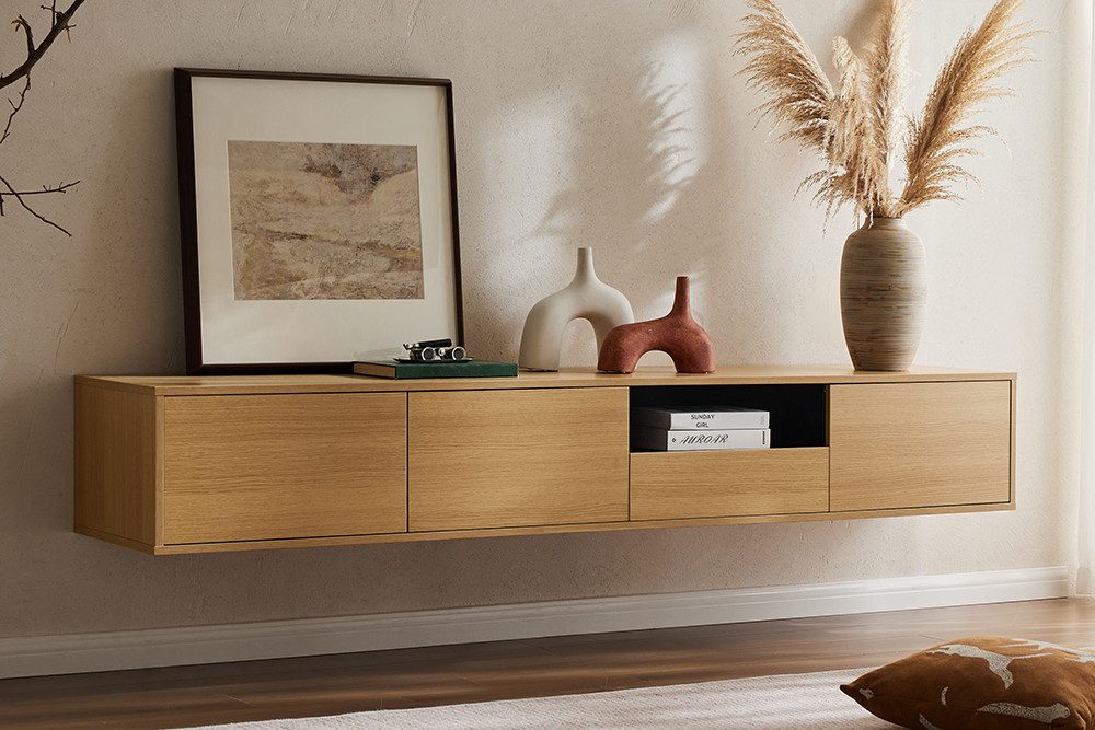 riess-ambiente TV-Board LOFT 200cm natur/schwarz - hängend, Eichen-Design, 7 Fächer, Schublade (Einzelartikel, 1 St), Sideboard mit Ablage & Stauraum- ideal für Flur, Wohnbereich & TV-Ecke