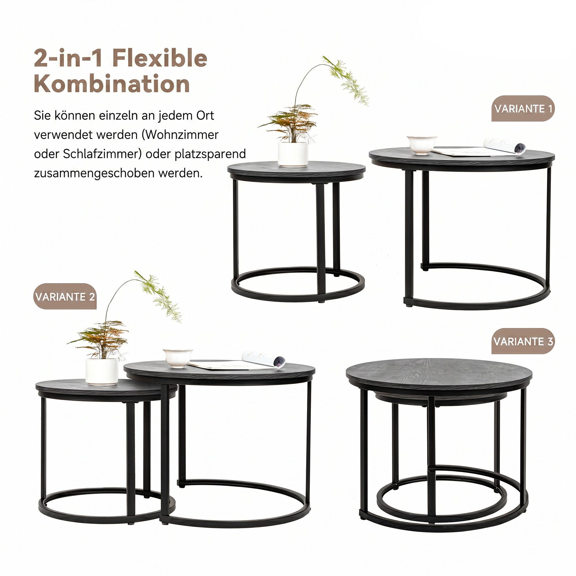 HawthyHome Couchtisch 2er-Set runde Beistelltische aus Holz & Metall, Grau  (2-St), Das zweiteilige Set bietet flexible Nutzungsmöglichkeiten