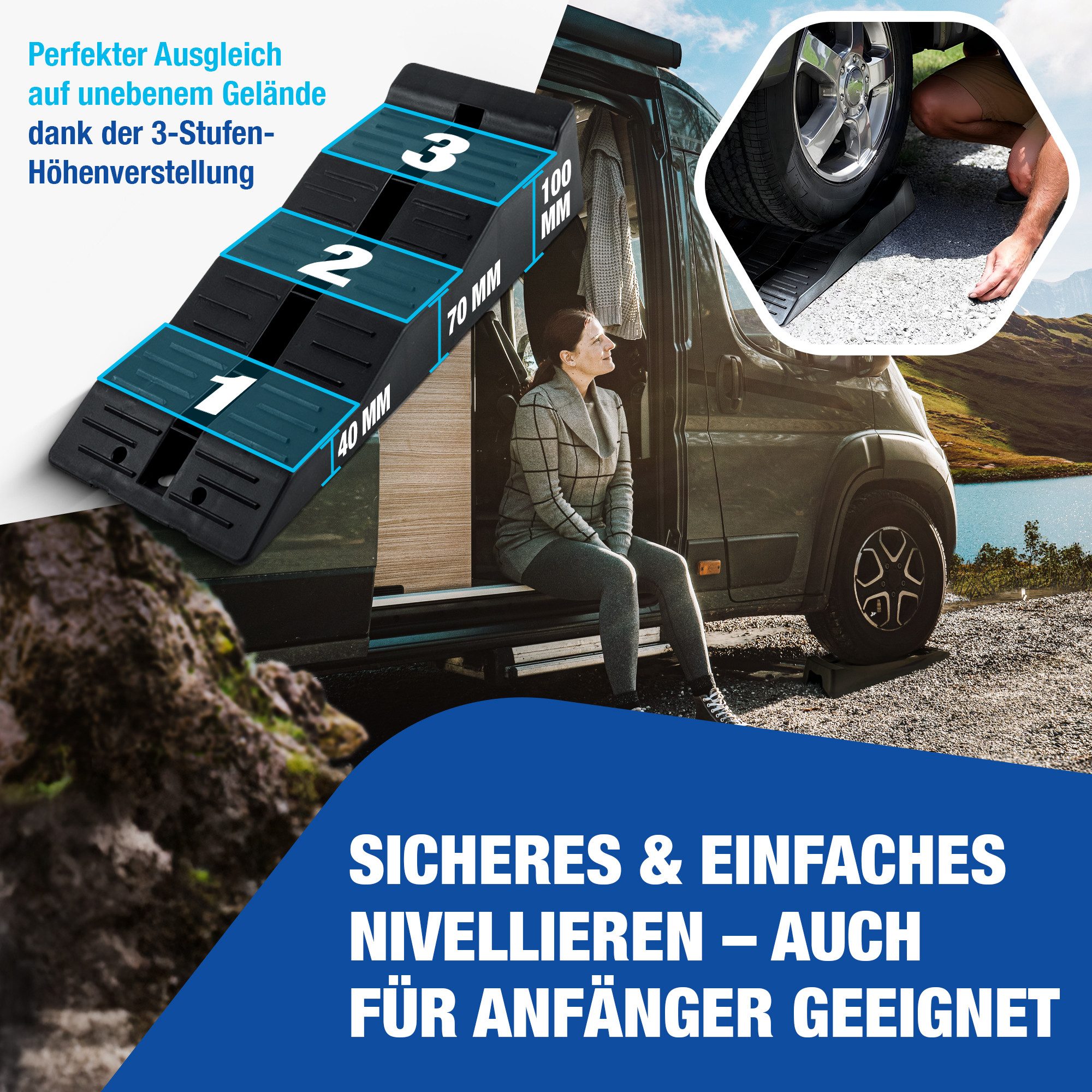 NTG Nutzfahrzeug Technik GmbH Auffahrrampe Auffahrkeile (2er Set) 3 stufig bis 3000 kg pro Set Camper Wohnmobil