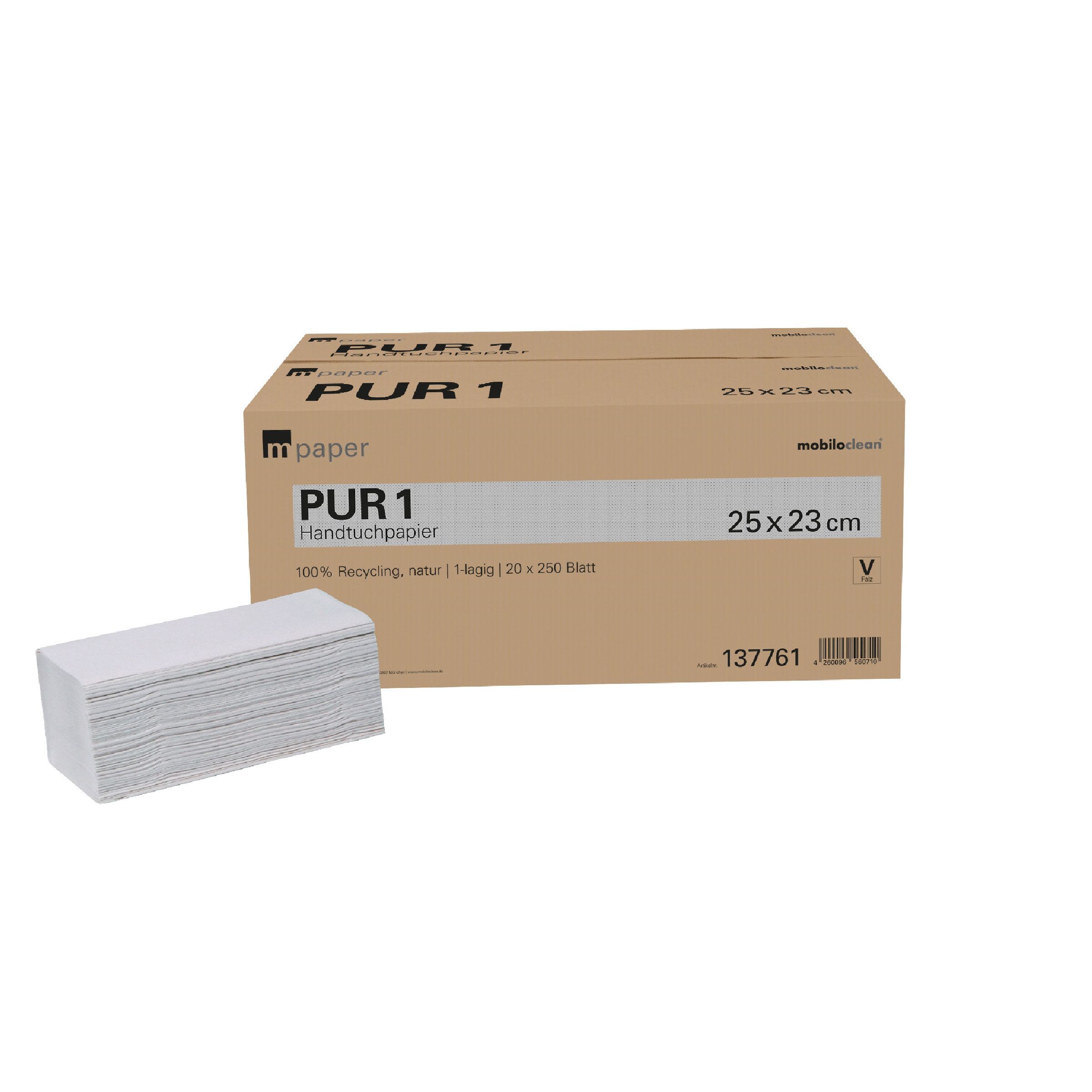 Mobiloclean Papierhandtuch mpaper Papierhandtücher PUR 1 1-lagig V-Falz natur 25x23 cm