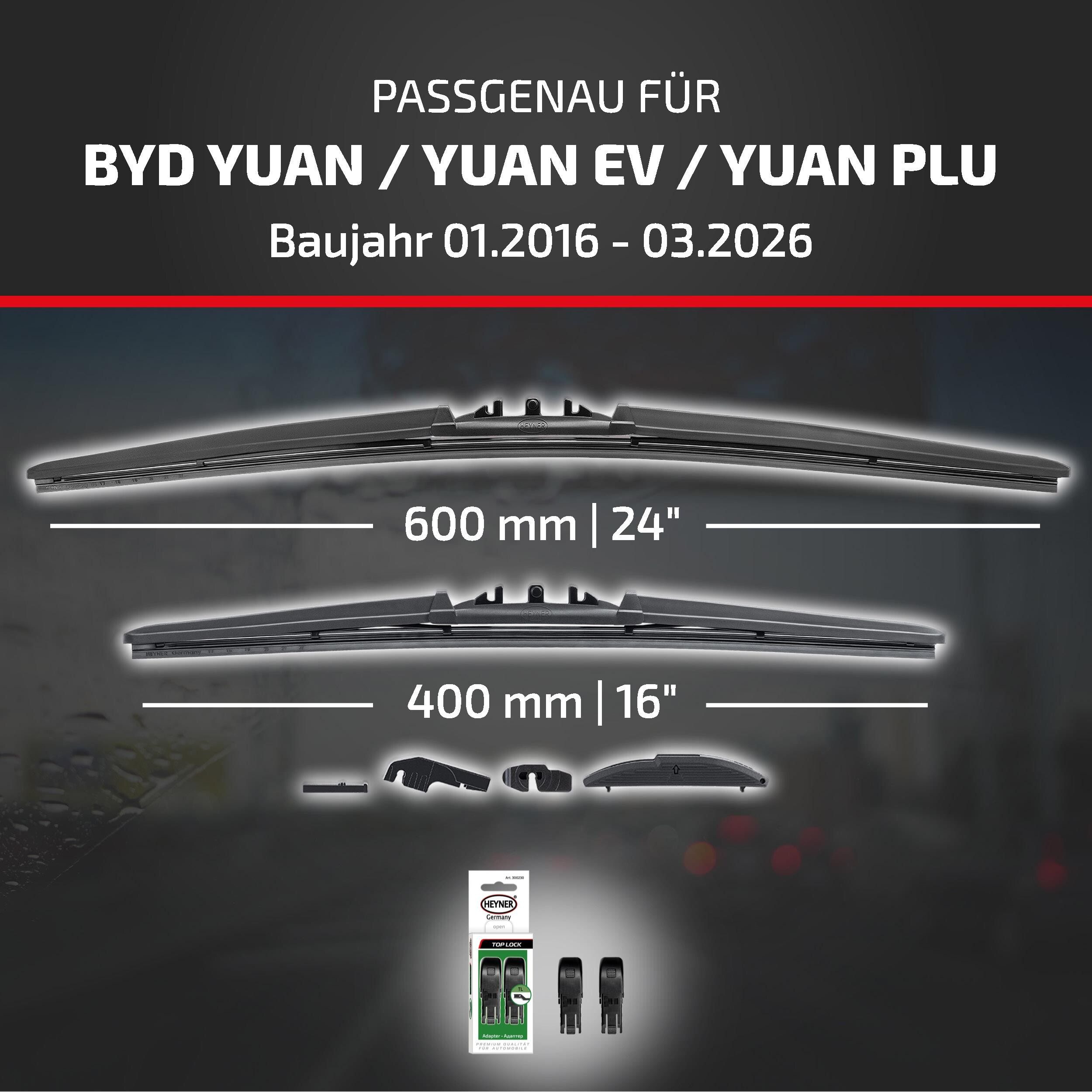HEYNER Scheibenwischblätter passend für BYD YUAN / YUAN EV / YUAN PLUS, 01.2016 - 08.2026, Frontscheibe, (Packung, 2-St., Scheibenwischer), mit Nano Graphit Beschichtung