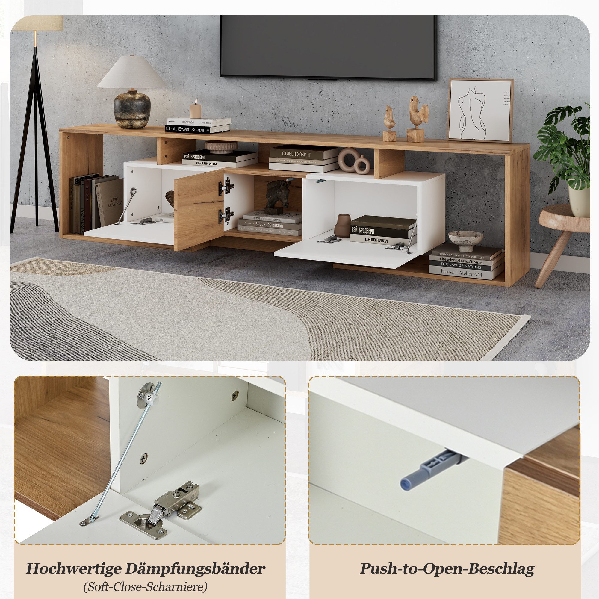 Merax Lowboard in Weiß & Naturholz, Push-to-Open, Fernsehschrank für TVs bis 85 Zoll (180 x 30 x 49 cm (L x B x H), 1 St), Fernsehschrank TV-Schrank mit 2 Klapptüren,1 Drehtür,3 offenen Fächern