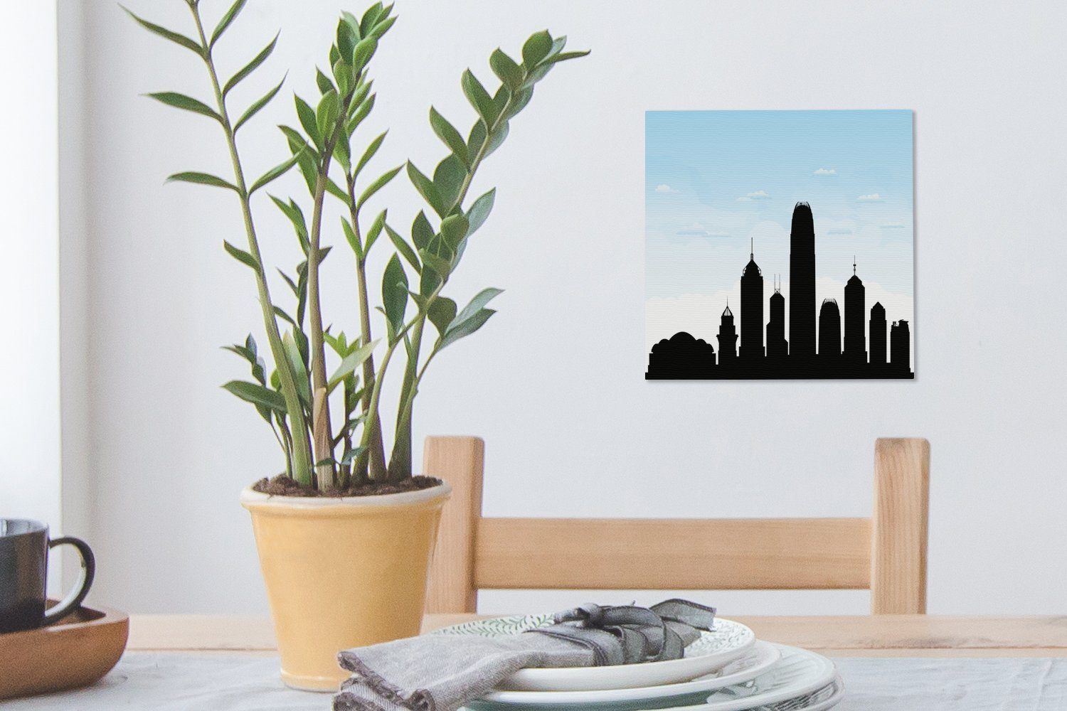 Himmel, einem Leinwand Wohnzimmer Hongkong Illustration St), unter von Silhouette Bilder OneMillionCanvasses® der (1 für hellblauen Schlafzimmer Leinwandbild