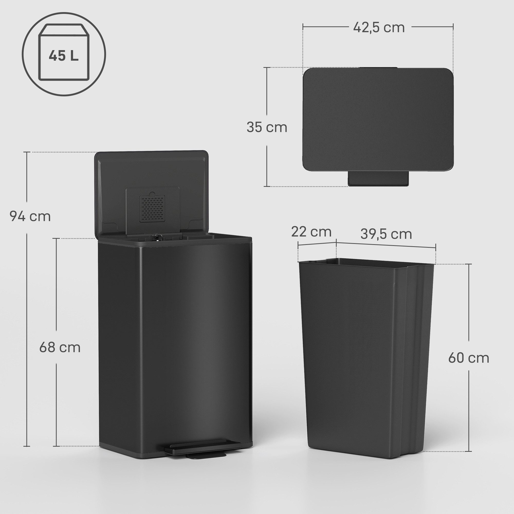 HOMCOM Mülltrennsystem Treteimer Abfalleimer mit Innenbehälter Bleib-Offen-Funktion, 45 l, Soft-Close, Offenhaltefunktion