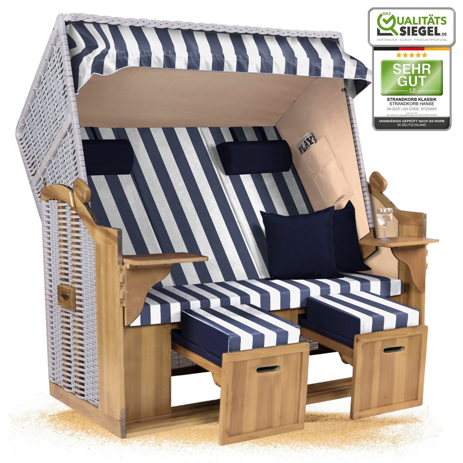 Strandkorb Hanse Strandkorb Strandkorb XXL Ostsee 2,5-Sitzer Volllieger Weiß Blau, BxTxH: 150x80x160 cm, Ostsee XXL Volllieger, Ostsee 2,5-Sitzer Modell 2025, Stabiles Wacholder mit handgefertigtem Polyrattangeflecht
