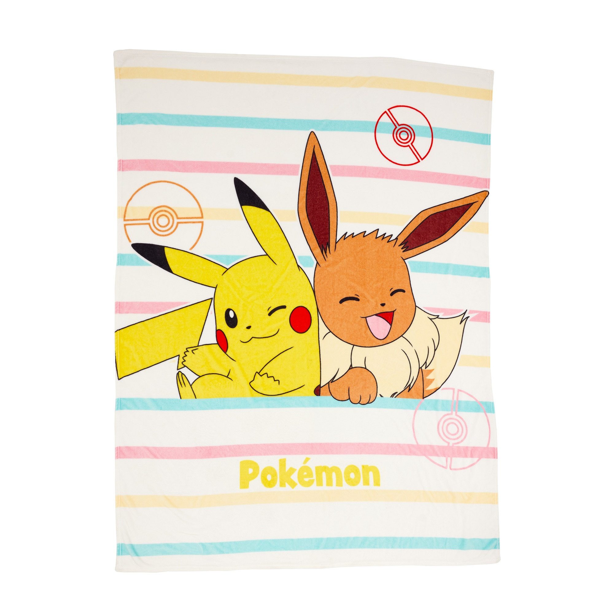 Kinderdecke mit Pokémon Pikachu und Evoli bunt gestreift und extra Groß 150x200 cm, Familando, super flauschig dank Coral Fleece
