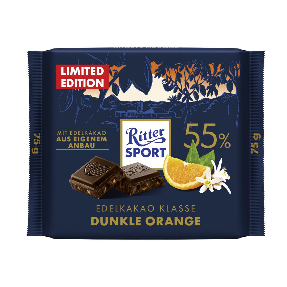 Ritter SPORT Schokolade, Ritter Sport Dunkle Orange Edel Halbbitter Schokolade leicht herb 75g