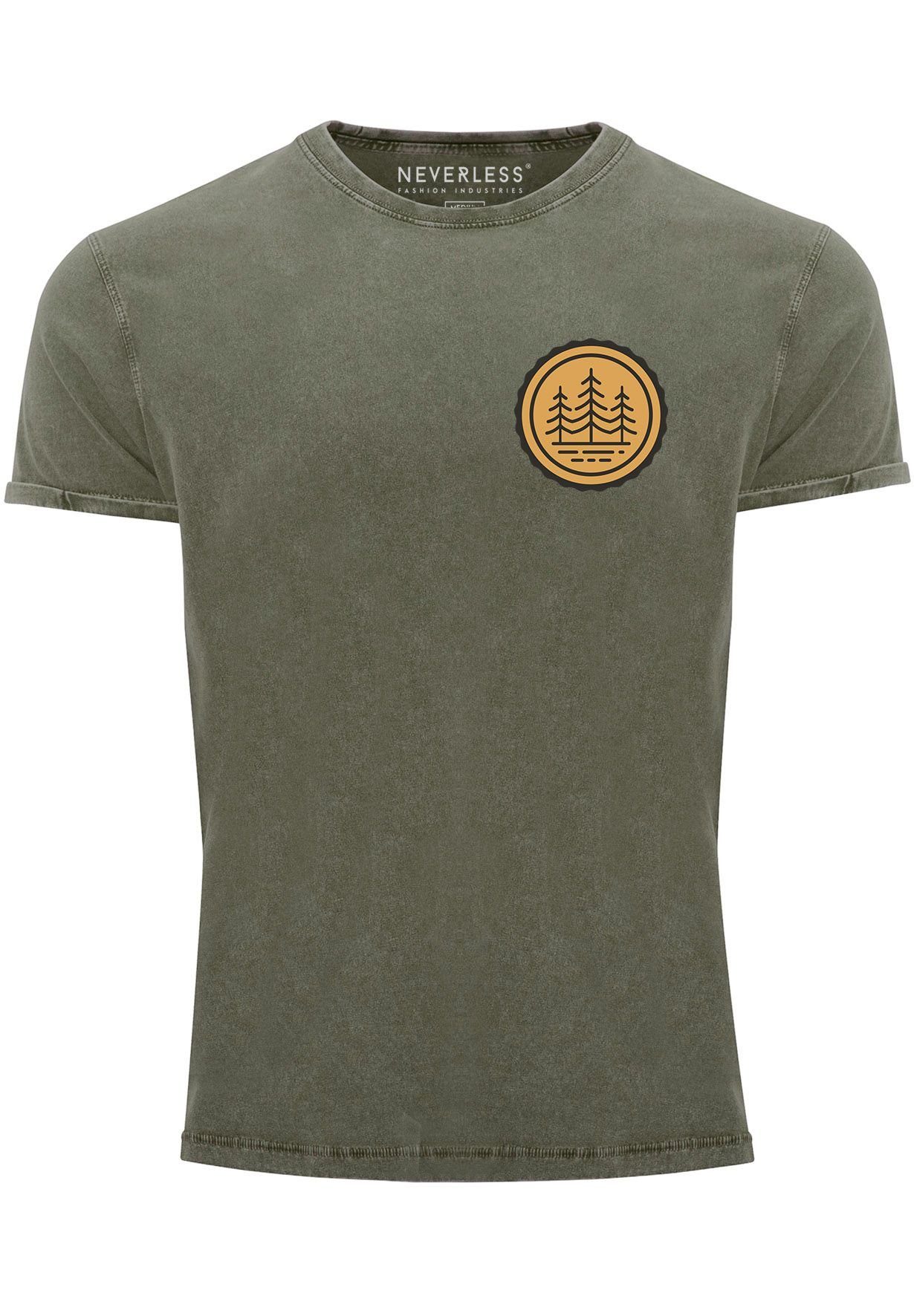 Neverless Print-Shirt Herren Vintage Shirt Wald Bäume Logo Badge Naturliebhaber Outdoor Fash mit Print oliv