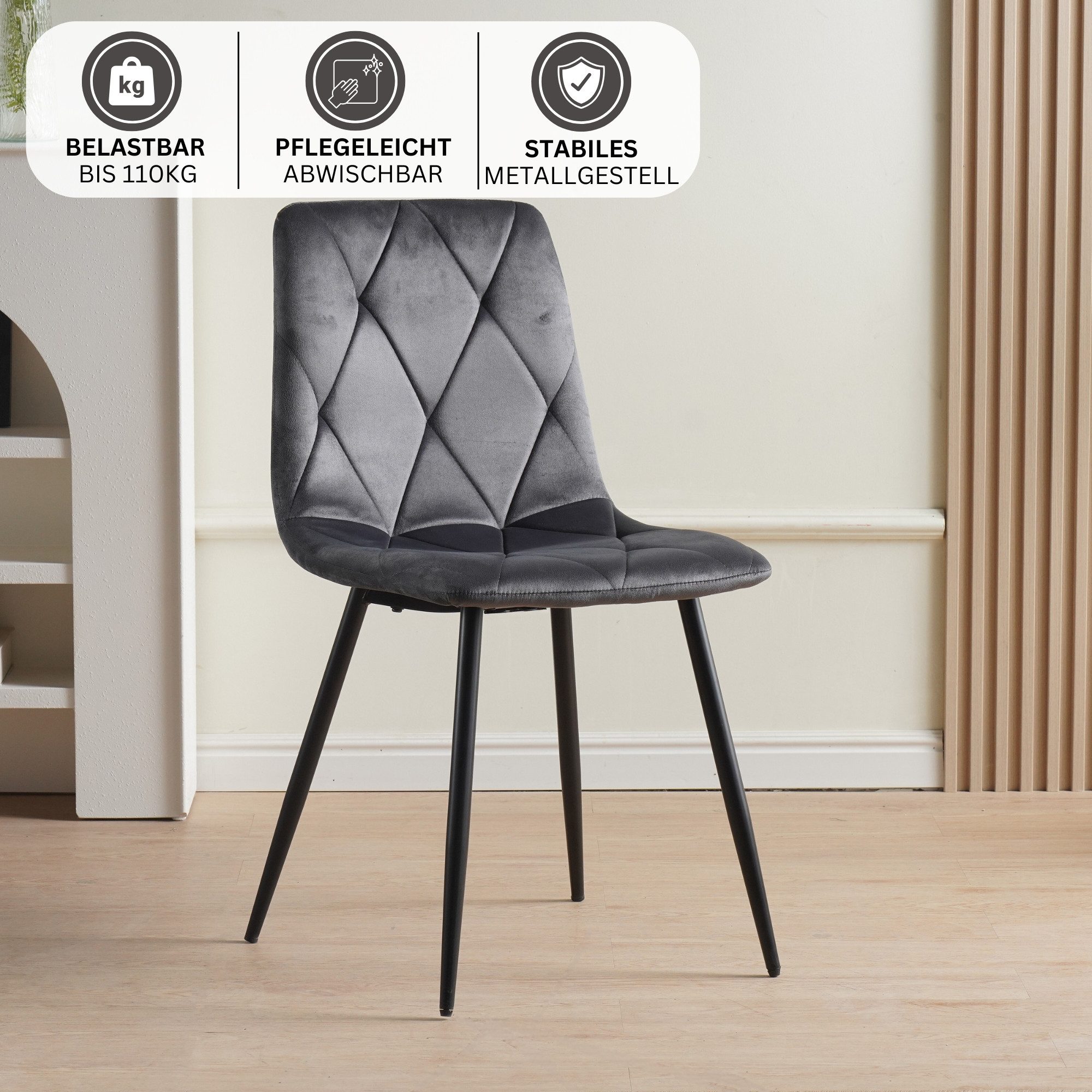 Albatros International Esszimmerstuhl Esszimmer Stühle 4 er Set DORA, Stuhl Stühle Esszimmerstühle, Küche (4er Set, Anthrazit, Samt Bezug), Küchenstuhl Küchenstühle Essstühle für den Esstisch Ess Stühle