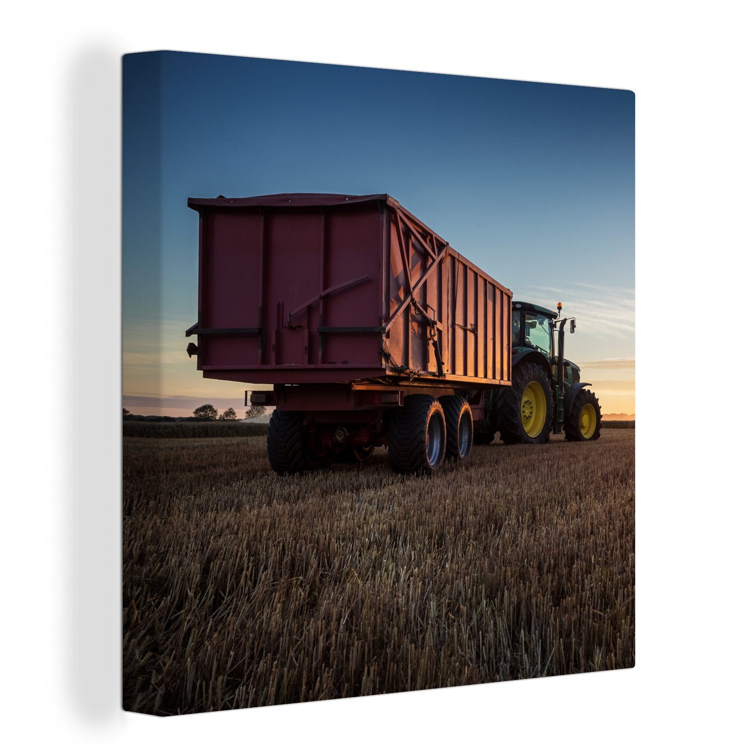 OneMillionCanvasses® Leinwandbild Traktor - Grün - Sonnenuntergang - Horizont - Grün - Landleben, (1 St), Leinwand Bilder für Wohnzimmer Schlafzimmer