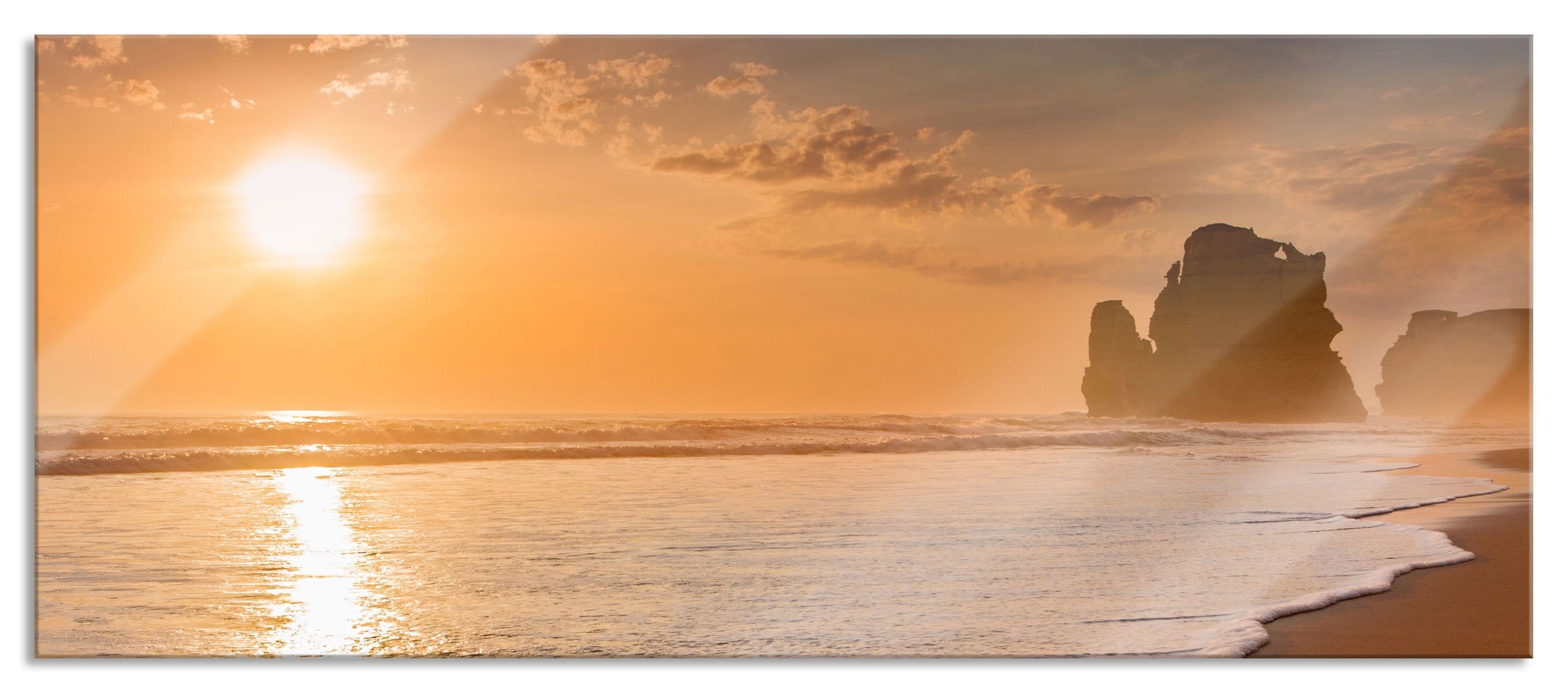 Glasbild und Sonnenuntergang (1 Echtglas, Sonnenuntergang Ozean Aufhängungen Ozean, St), Abstandshalter Pixxprint Glasbild inkl. aus